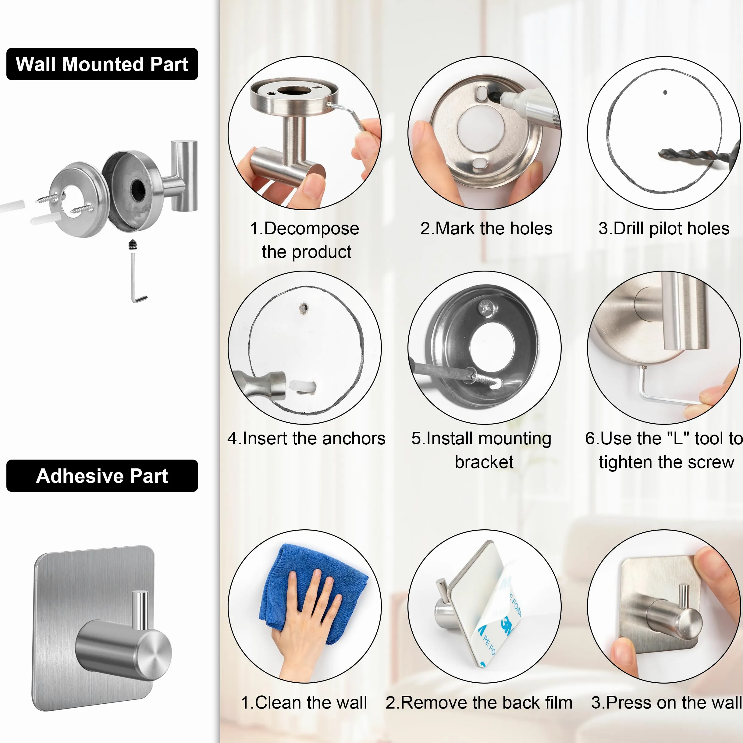 Set Porta Asciugamani Bagno Acciaio Inox 304 Gancio Per Accappatoio Accessori Il Cucina E Camera 5 Pezzi, Argento