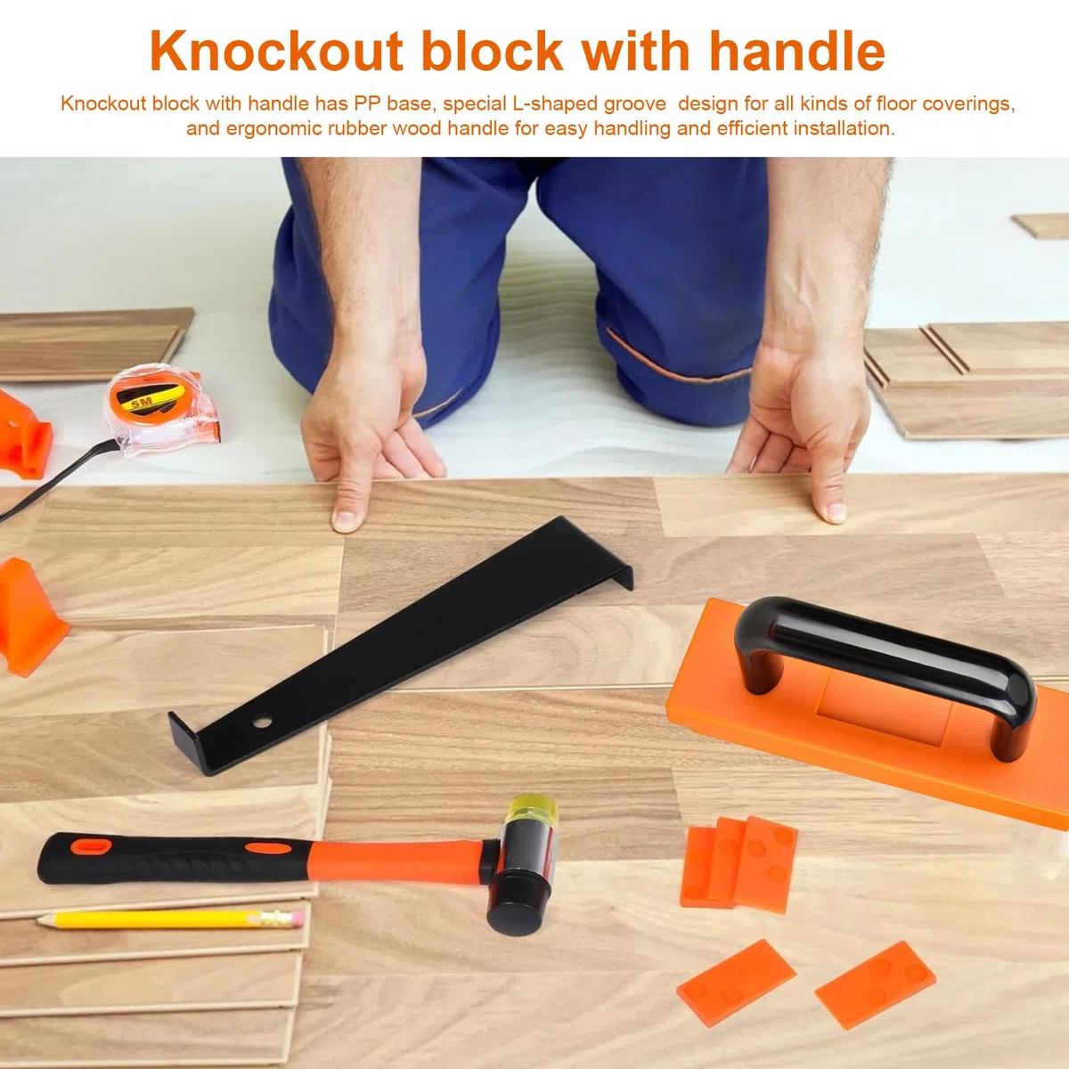 Set per la Posa di Laminati, Set Completo da 43 Pezzi, 198mm Pavimento PVC Incastro, 1 Blocco di Sblocco, 1 Ferro di Trazione, 40 Distanziatori, 1 Martello a Doppia