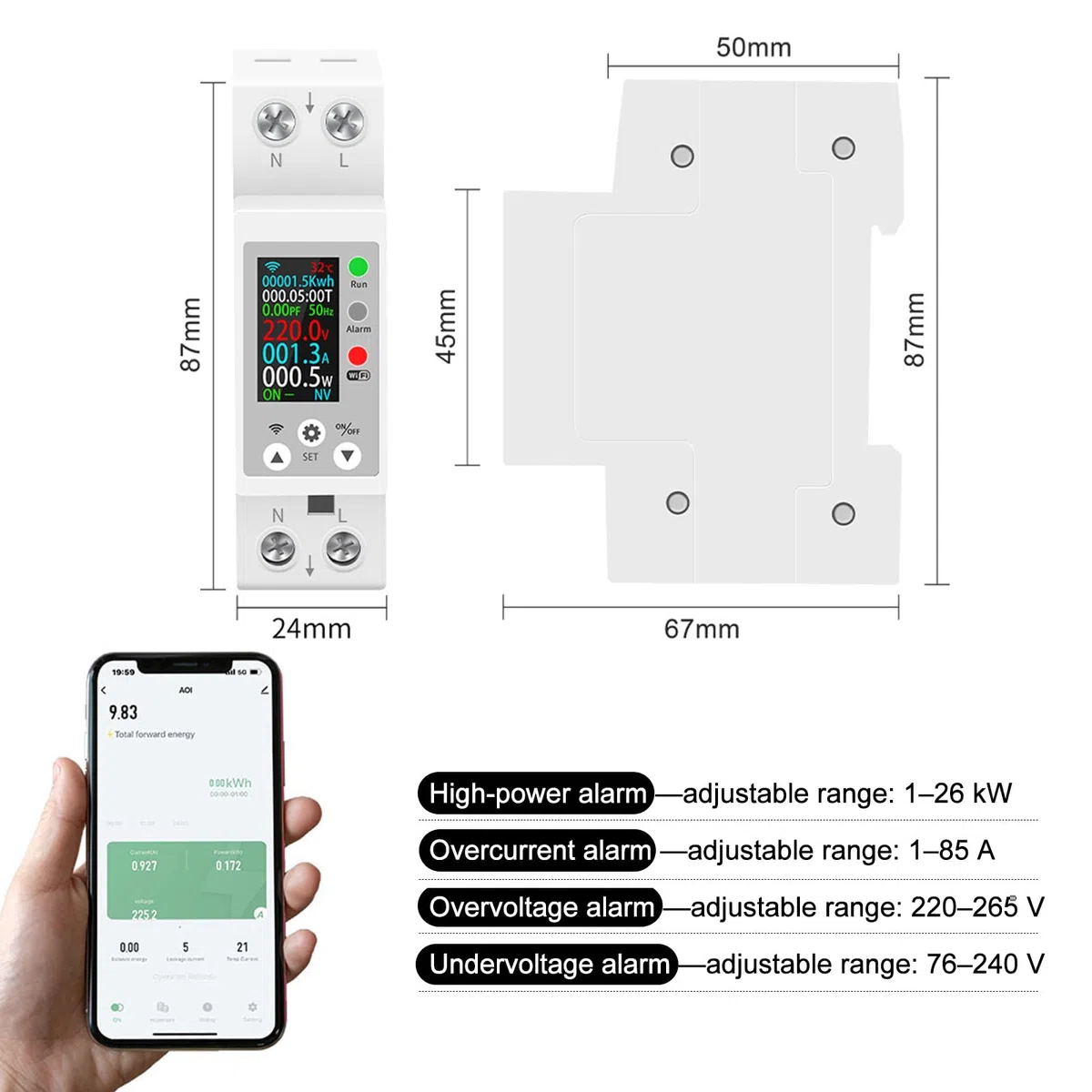 Contatore Energia Elettrica Wifi,8 in 1 Misuratore Consumo Elettrico con Display Digitale Tuya Smart Protezione Da Sovratensione Regolabile Controllo Remoto Tramite APP Comando Vocale
