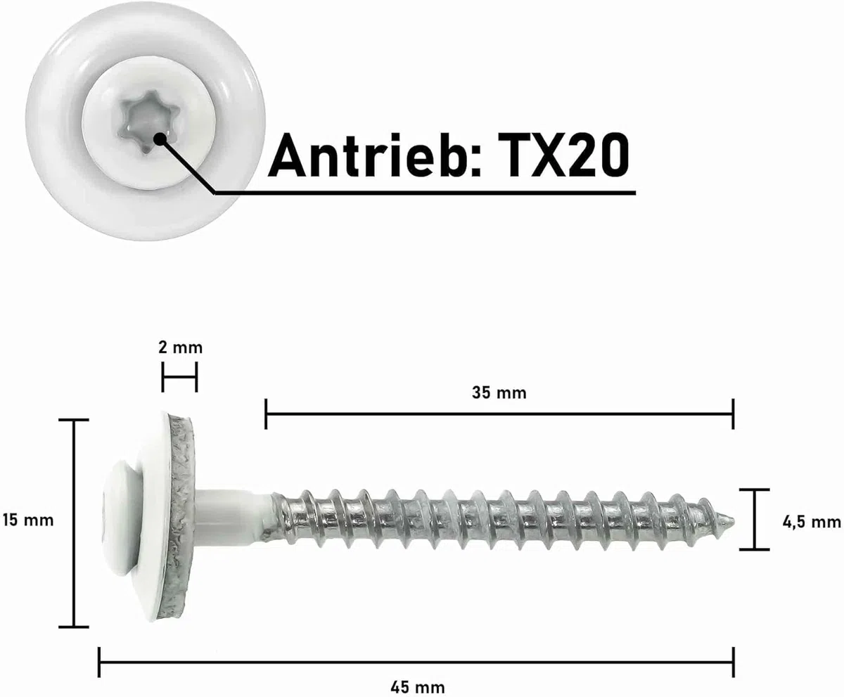 Viti idrauliche SCREW REBEL in acciaio Inox A2 con disco di tenuta in EPDM da 15 mm - 4,5 x 20 mm - bianco RAL 9010 TX20, 100 pezzi