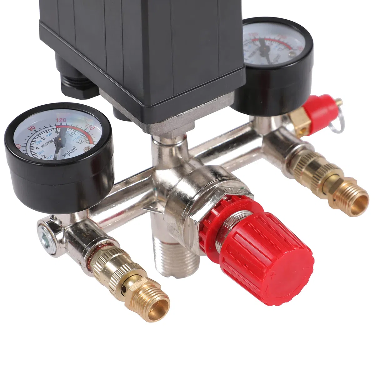 ORAZIO Interruttore di Controllo della Pressione del Compressore d'Aria G1/4" con Doppia Uscita e Valvola di Sicurezza Regolatore di Manometri Accessorio per Utensili Pneumatici