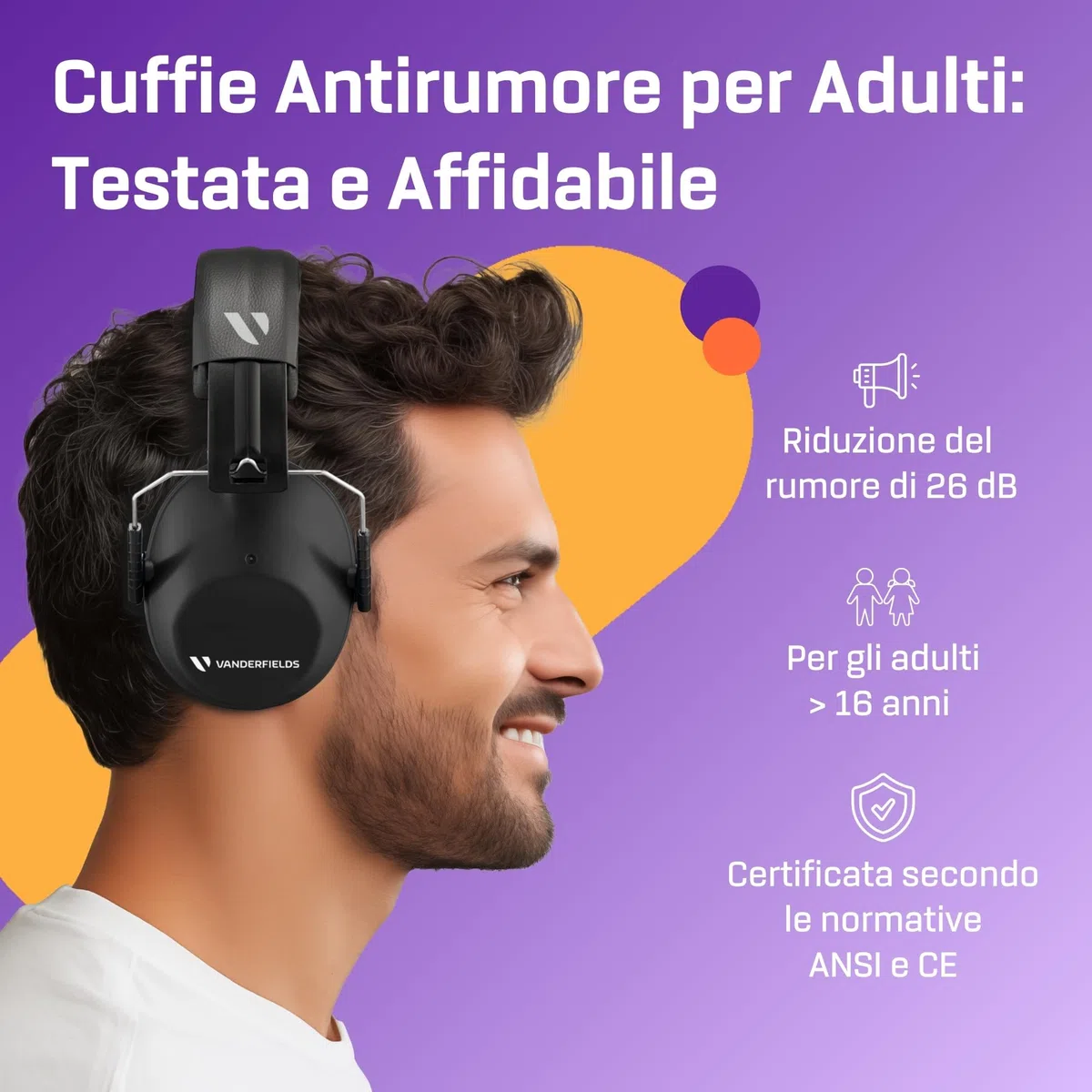Vanderfields Premium Cuffie di Protezione per l'Udito - Cuffie Antirumore ad Ampio Spettro con Riduzione del Suono 29 dB a 2 K Hz - Adulti + Adolescenti - Nero