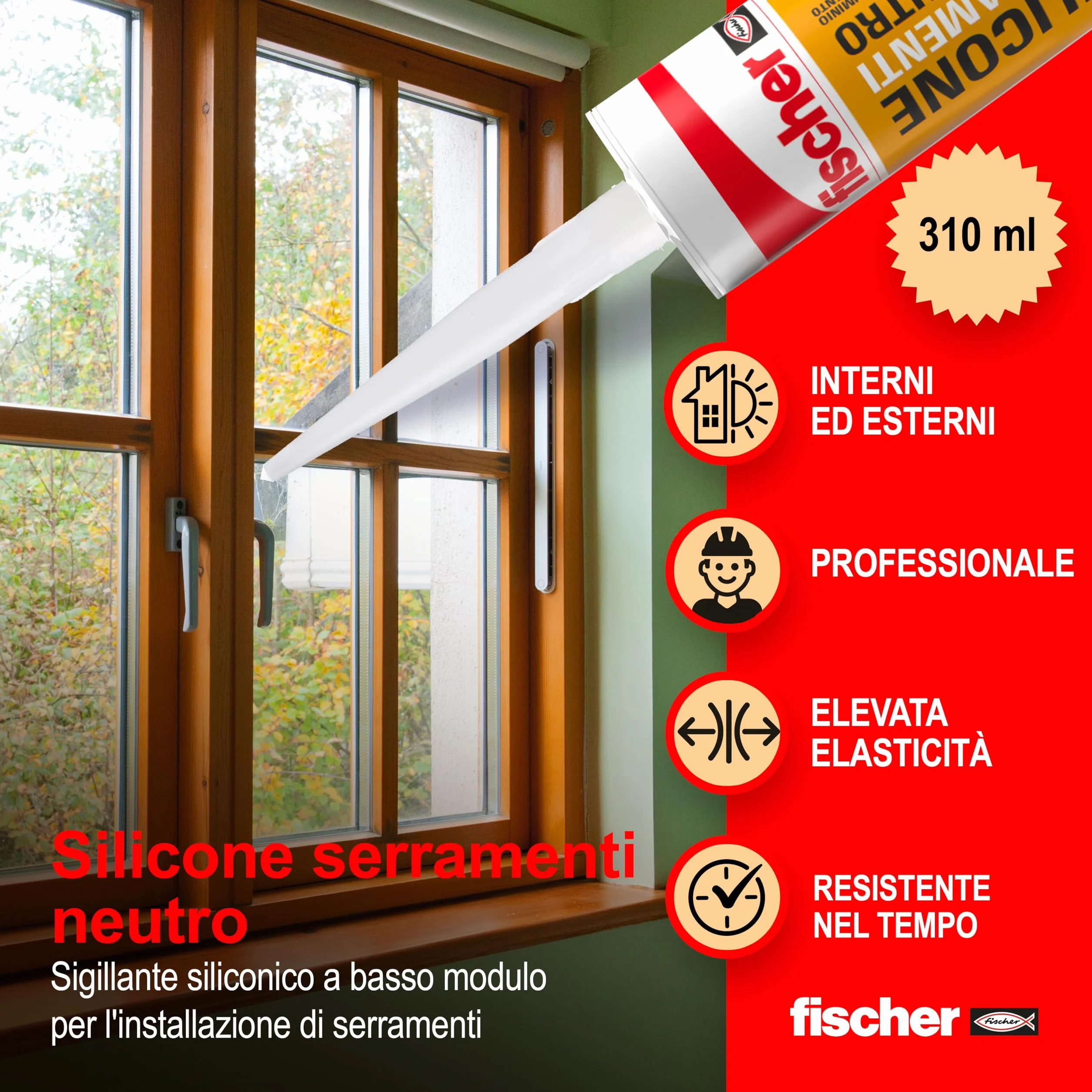 Fischer SNF Silicone Sigillante Legno Bianco, Pavimenti e Finestre, Neutro a Basso Modulo, Elastico, per Serramenti, Porte, Infissi, Inodore, Esterno/Interno, 9379 (Confezione da 2)