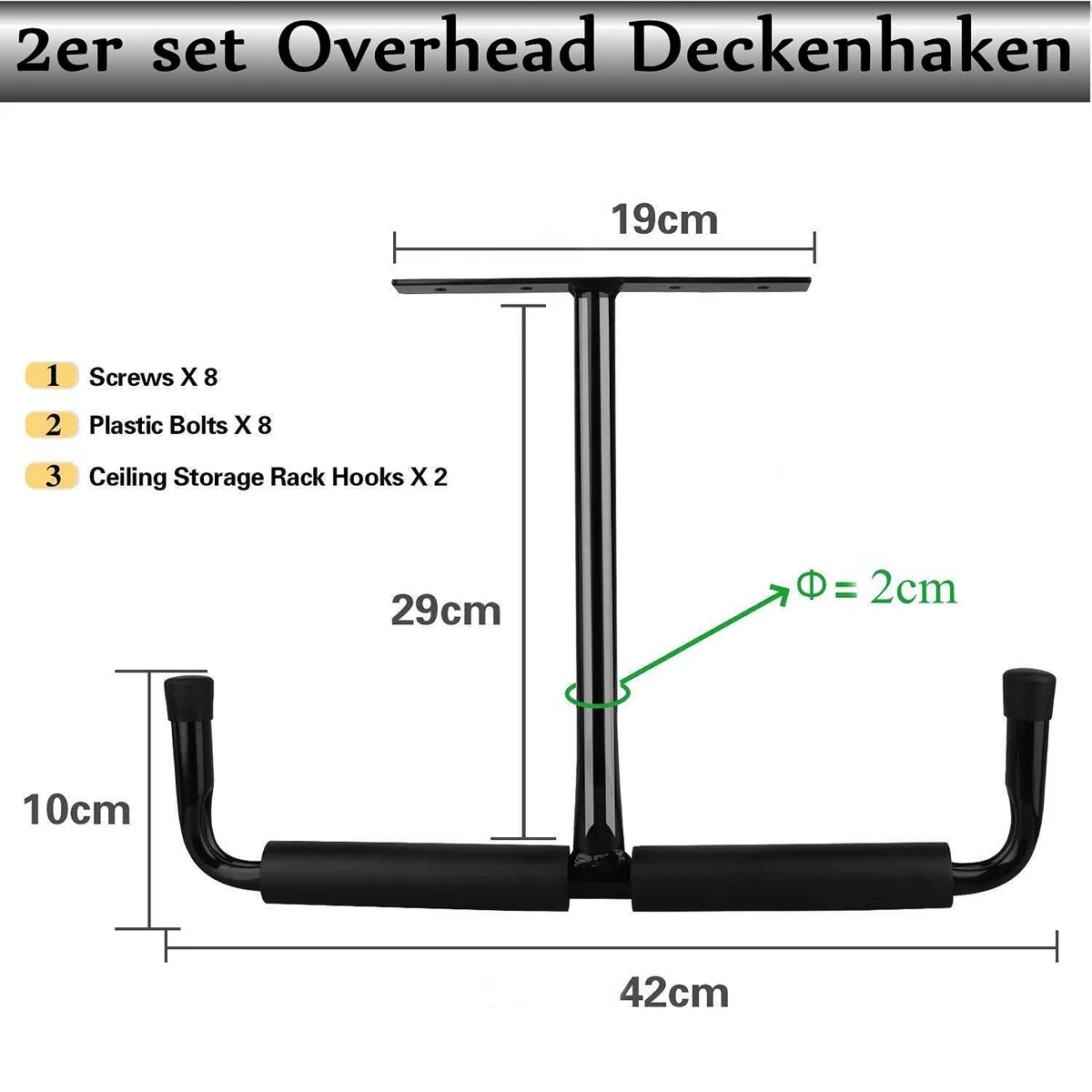 Ganci a soffitto per garage e carichi pesanti in gomma 20 cm, Supporto a soffitto in acciaio a doppia estremità per scala, attrezzi, biciclette, attrezzatura sportiva, Set da 2 pezzi, Nero