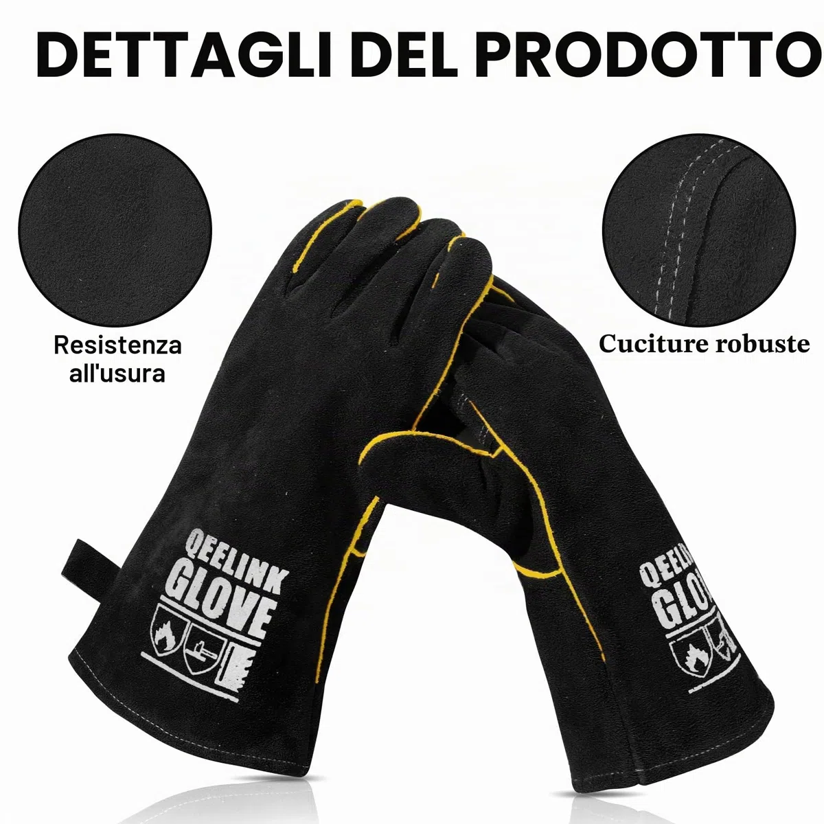QeeLink Guanti per saldatura, resistenti al calore e all'usura, foderati, in pelle, resistenti al fuoco, per saldatori, caminetti, barbecue, giardinaggio