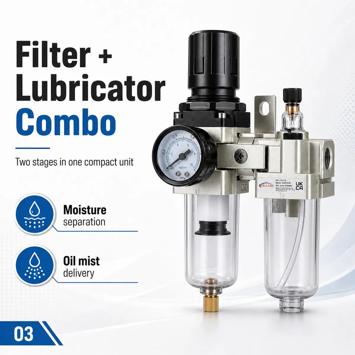 Regolatore Filtro Compressore d'Aria 3/8" ORAZIO Industriale Trappola di Umidità Dell'acqua Separatore d'Olio Lubrificatore per Utensili Pneumatici e pistole a spruzzo di vernice