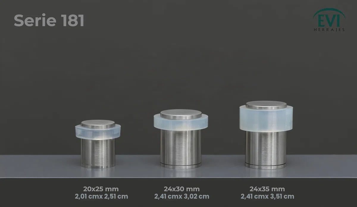 EVI Herrajes | Pack con 2 Fermaporte| Ø20 x 25 mm |Acciaio Inox Finitura Opaca con Gomma Bianca di Silicone Naturale | Compresi utensile, vite + tassello di fissaggio| I-181