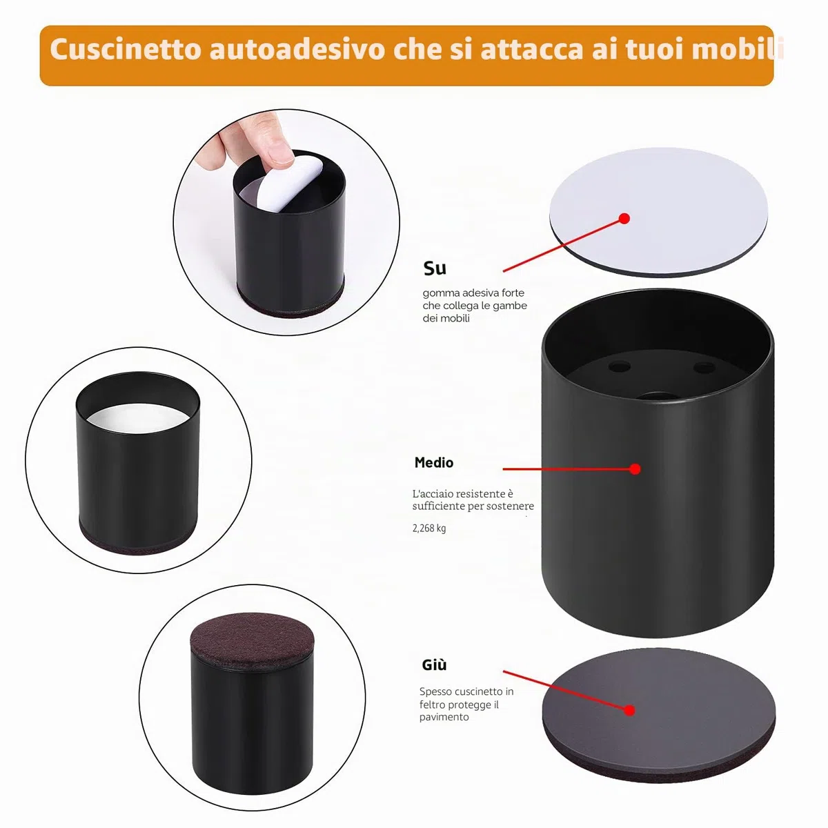 RCHYFEED Gambe per Mobili Alza Il Letto di 5 cm, Rialzo in Acciaio, Resistente e Salvaspazio, Autoadesivi 4 PZ Piedini per Sollevare 2 Pollici di Altezza, Divani, Armadi