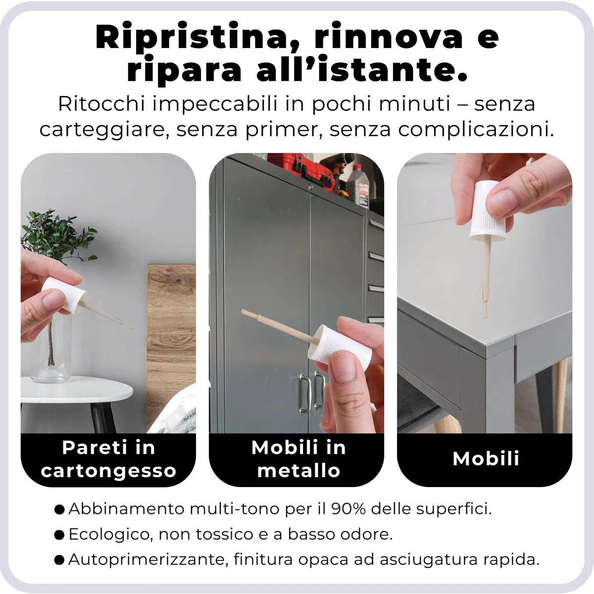 spot. Vernice per ritocchi – finitura opaca, ad asciugatura rapida, perfetta per armadi, pareti, finestre, porte e riparazioni di mobili, set di 3 colori si adatta al 90% di tutte le superfici (grigio