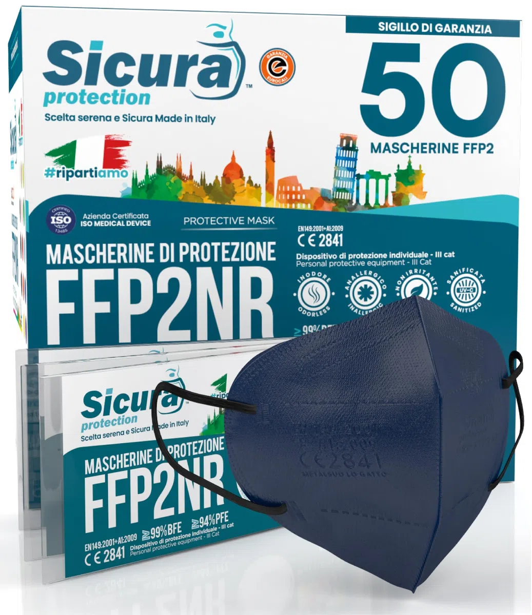 50 Mascherine FFP2 Certificate CE BLU con Elastici Neri SICURA logo impresso BFE ≥99% Made in Italy Mascherina ffp2 SANIFICATA e sigillata singolarmente