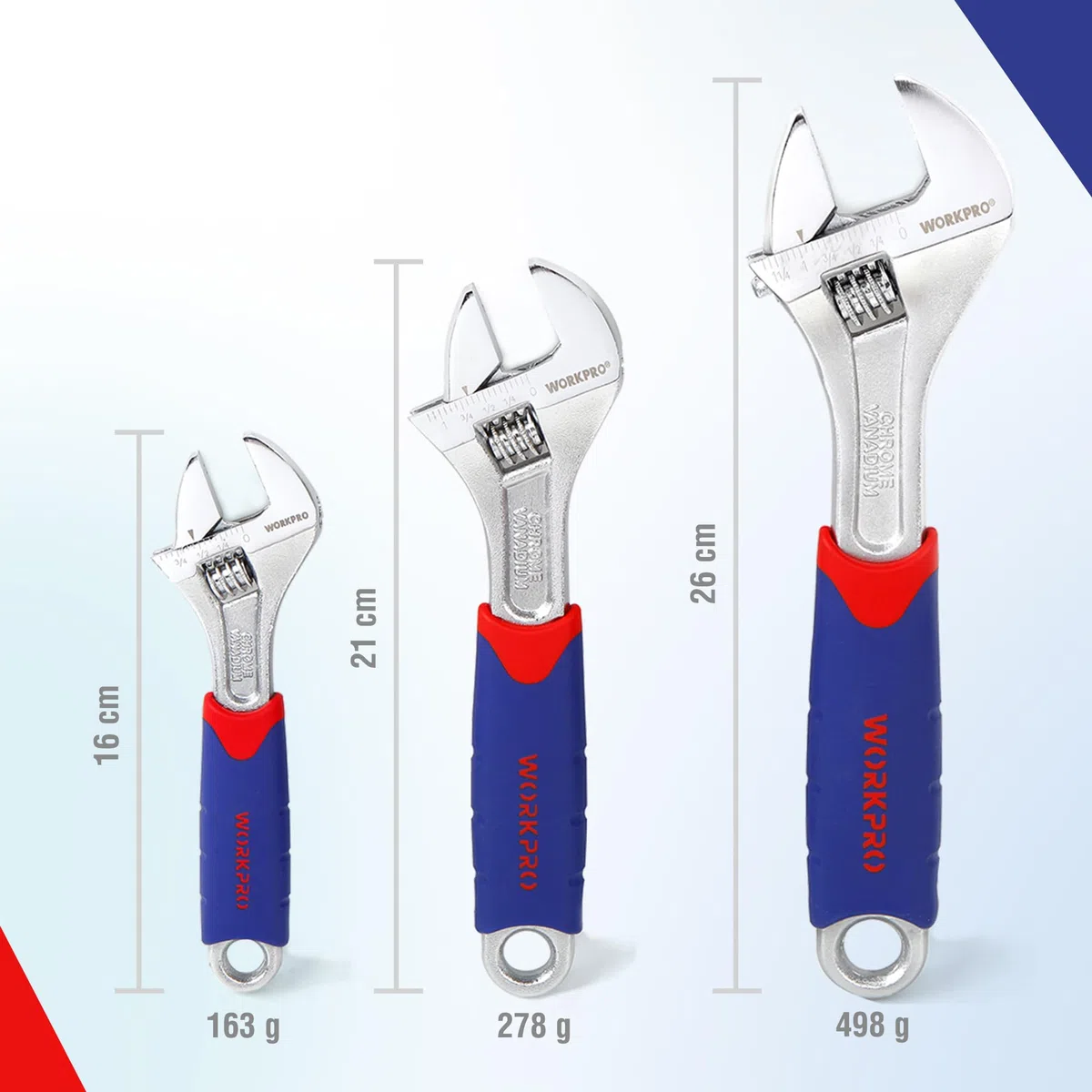 WORKPRO Set di Chiavi Regolabili 3 Pezzi, Chiave a Rullino 150, 200, 250mm, Chiave Inglese Regolabile a Bocca Larga 19, 24, 28mm, con Impugnatura in Gomma