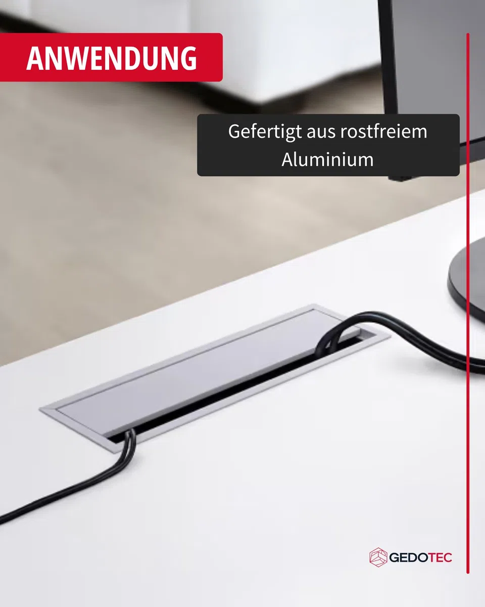 Gedotec Passacavi Argento Scrivania Eco rettangolare con guarnizione a spazzola, passacavo in alluminio argento anodizzato, scatola per cavi da 320 x 100 mm da inserire | 1 pezzo
