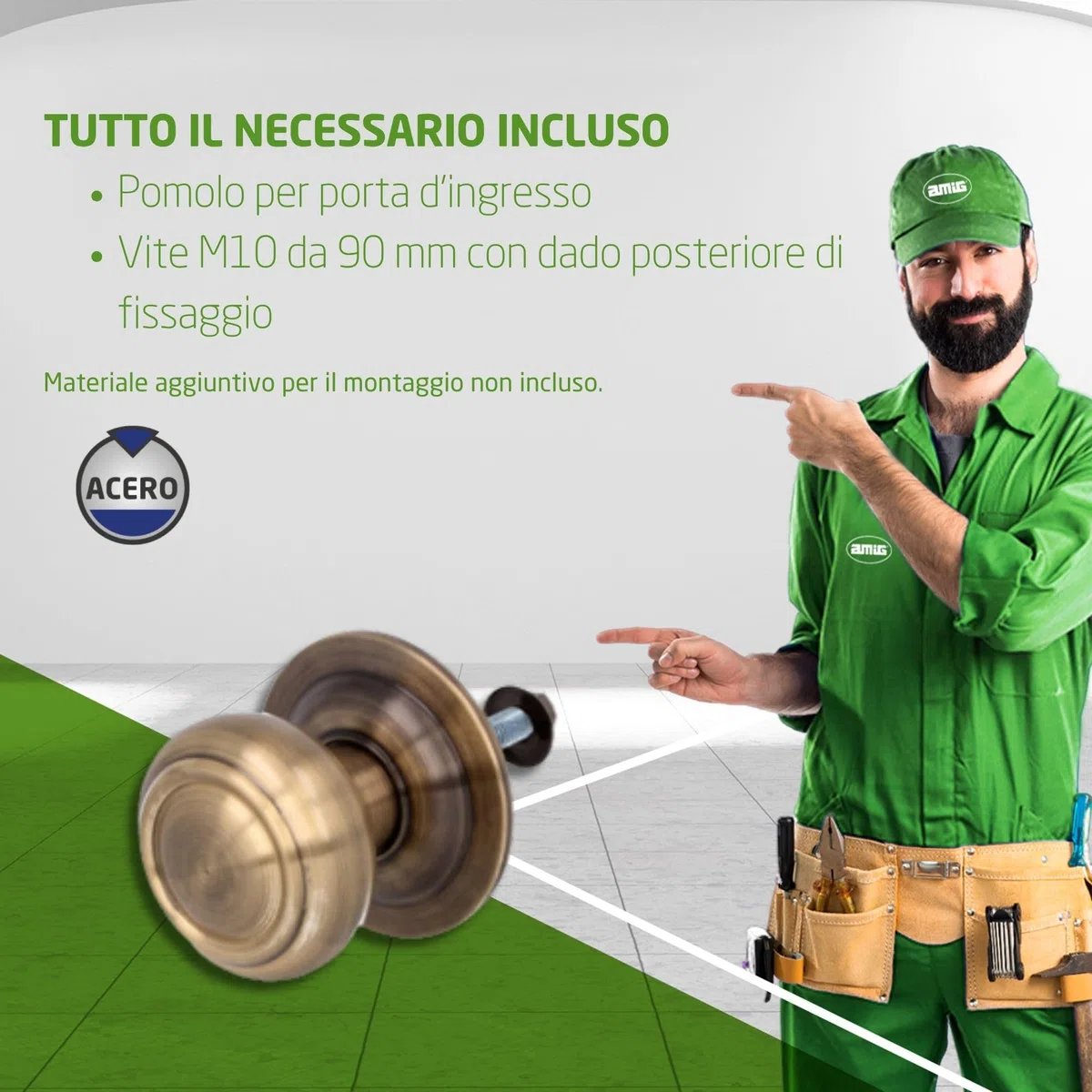 Amig - Pomolo per Porta d’Ingresso Mod.15 - Pomolo Rotondo con Impugnatura Ergonomica e Fissaggio Incluso - Ø70 mm - Ottone - Cuoio
