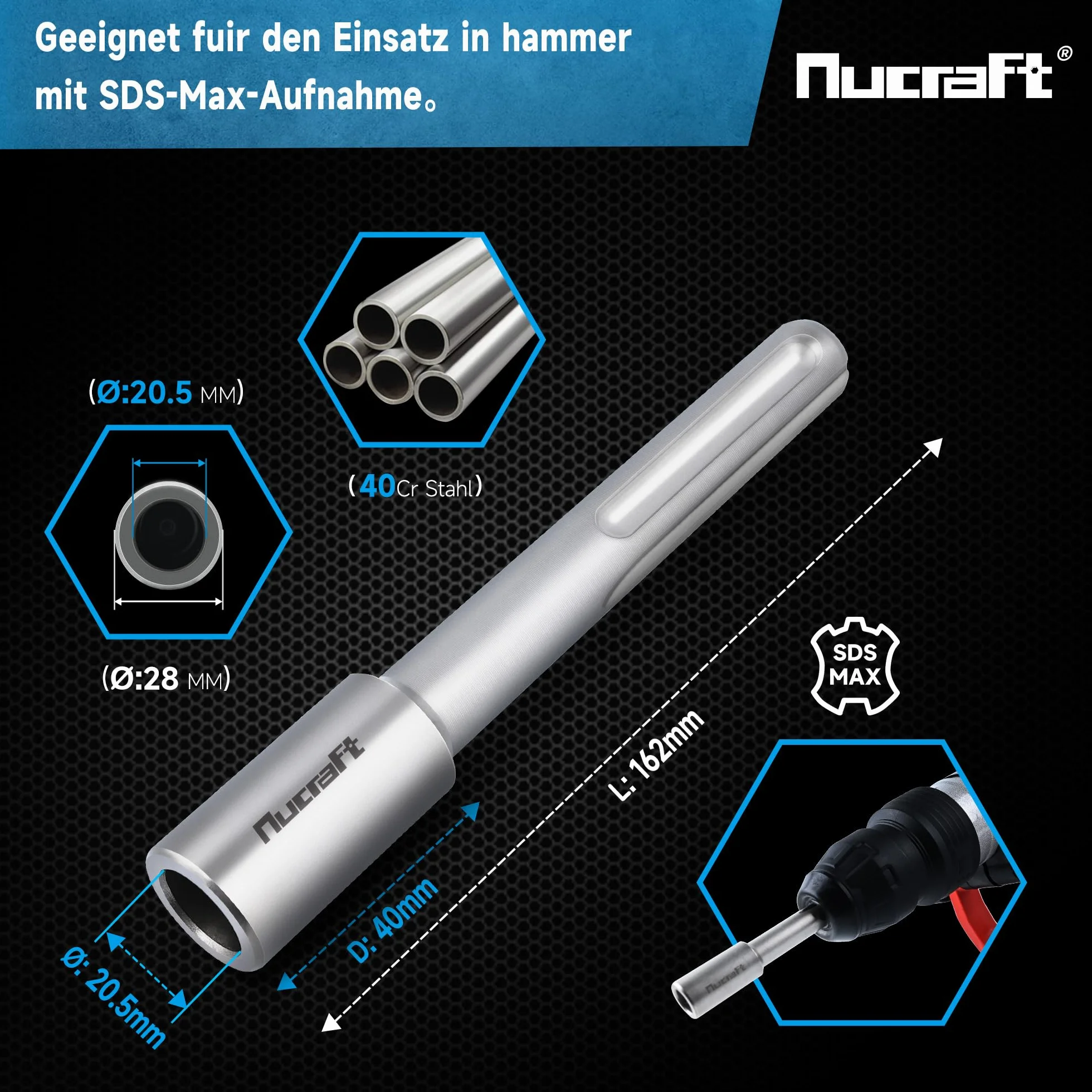 Nucraft Driver per chiodi a terra professionali SDS-MAX Trapano chiodo per inserimento di terriccio di terra 162x 28 mmØ20.5mm