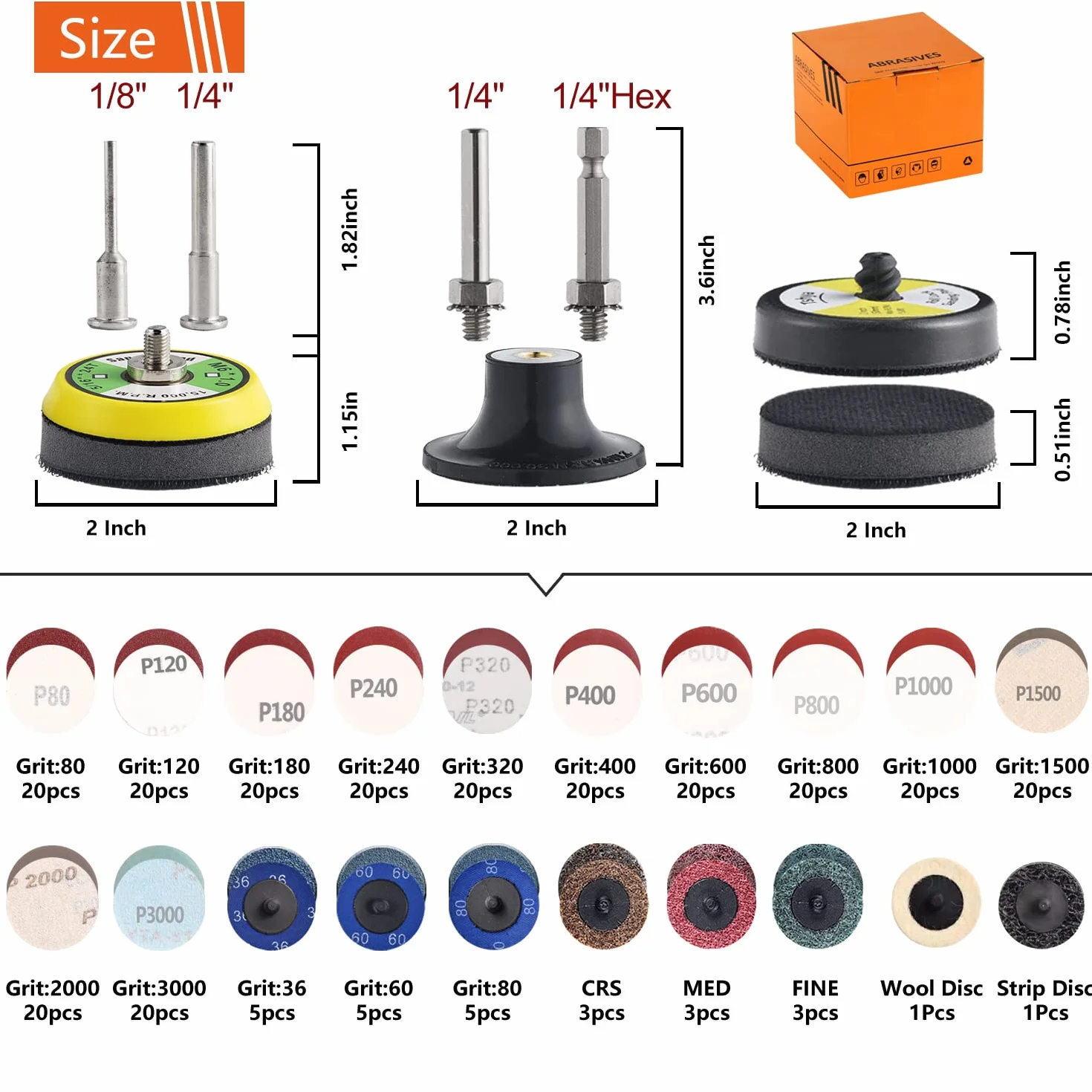 Tshya Confezione da 270 dischi abrasivi da 5,1 cm, kit di varietà per smerigliatrice per trapano, utensili rotanti, accessori per smerigliatrice con gambo da 1/8" e 1/4", cuscinetti abrasivi con grana