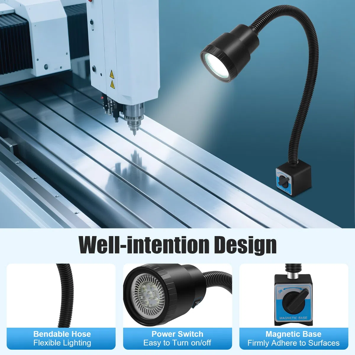 Lampada per tornio, CNC, magnetica, 220 V, lampada da lavoro a LED, base magnetica, impermeabile IP50, braccio flessibile, lampada da macchina, luce a collo di cigno [classe energetica E]