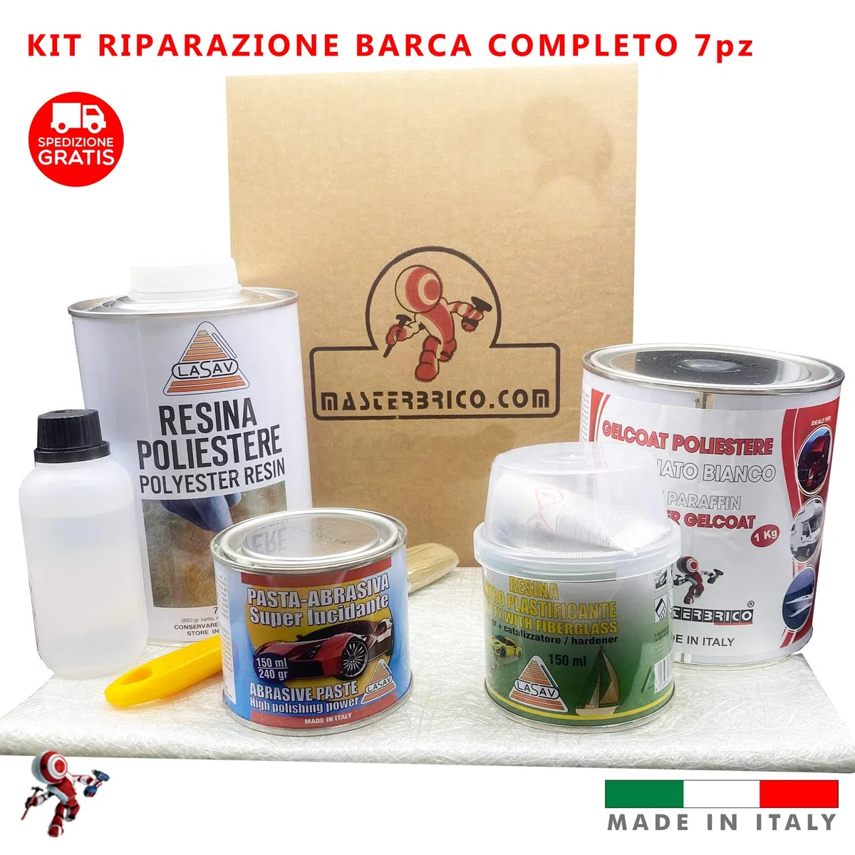 Kit riparazione barche e piscine in vetroresina formato da Resina liquida catalizzatore Foglio in fibra 1 mq Gelcoat paraffinato bianco stucco resina pasta abrasiva per lucidare pennello