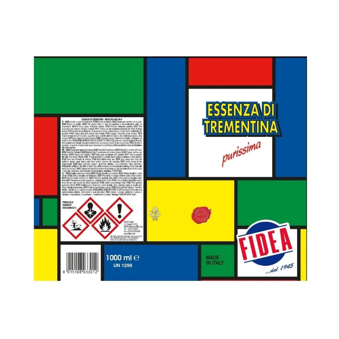 FIDEA - Essenza di Trementina per pittura ad olio, diluente per colori, acquaragia vegetale Distillata di Alta Qualità, purissima - Made in Italy (1 litro)