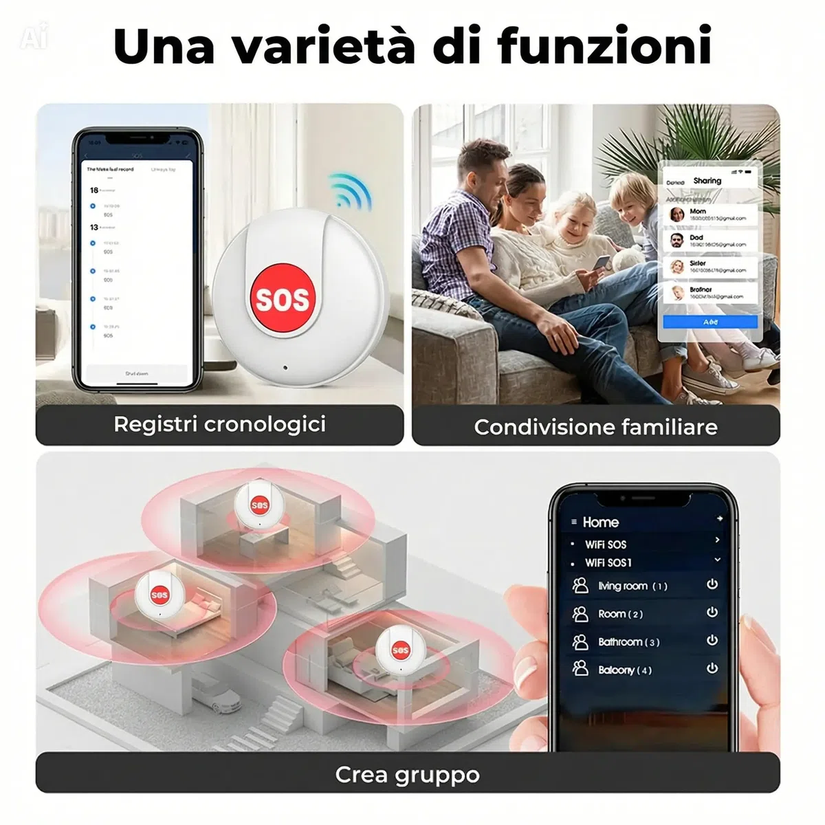 SOS Anziani e Bambini: Allarme Personale con Pulsante di Emergenza. Compatibile con APP Tuya e Smart Life. Notifica sul Telefono, Non Serve SIM. lunga autonomia. (Bianco)