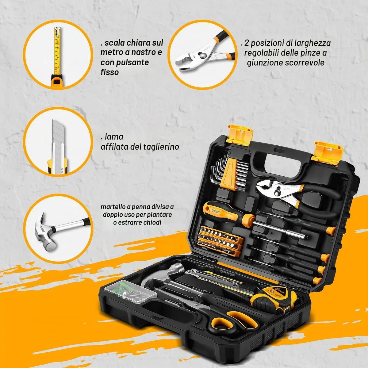 DEKOPRO Kit di utensili manuali generici per la casa con custodia in plastica, kit di attrezzi multiuso per la casa, include strumenti essenziali per riparazioni in ufficio e università, 50 pezzi