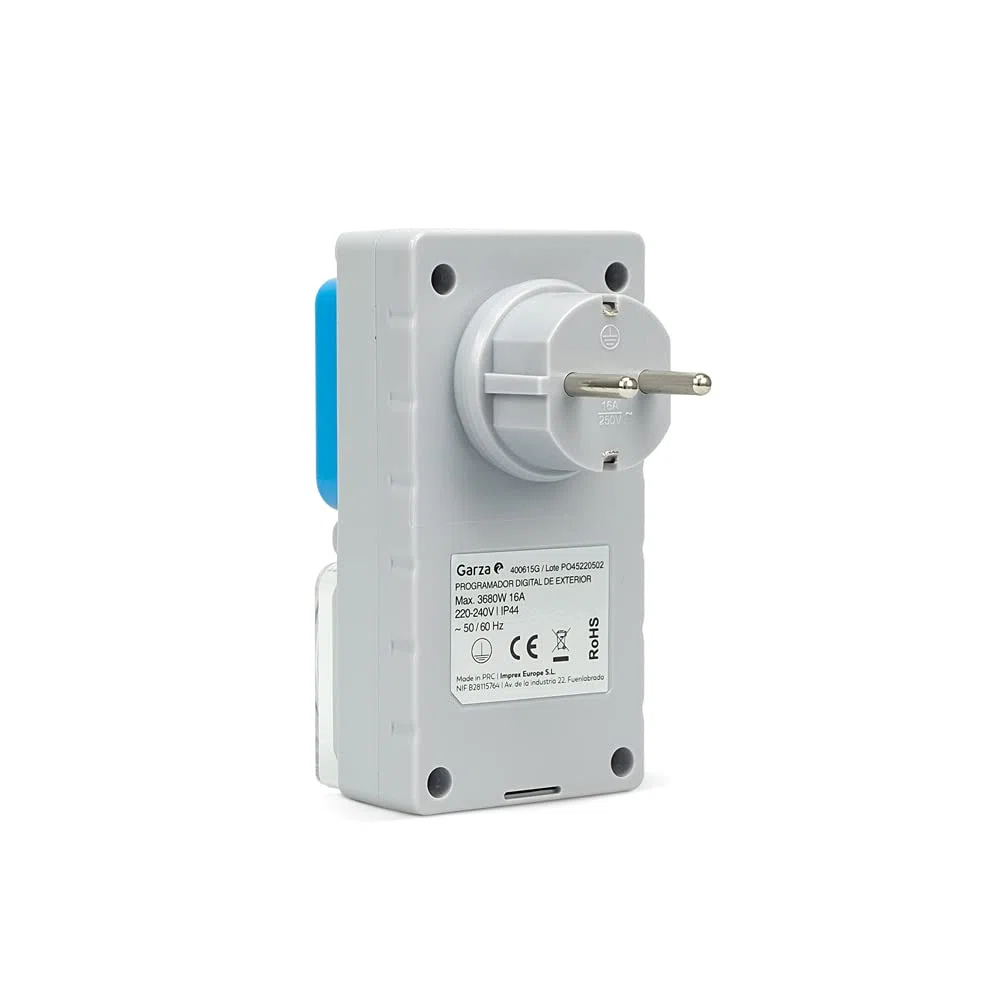 Garza - Spina digitale da esterno IP44 impermeabile, timer settimanale 24/7, 8 programmi ON/OFF, modalità casuale, protezione bambini, display LCD, 3680W 16A, Type F