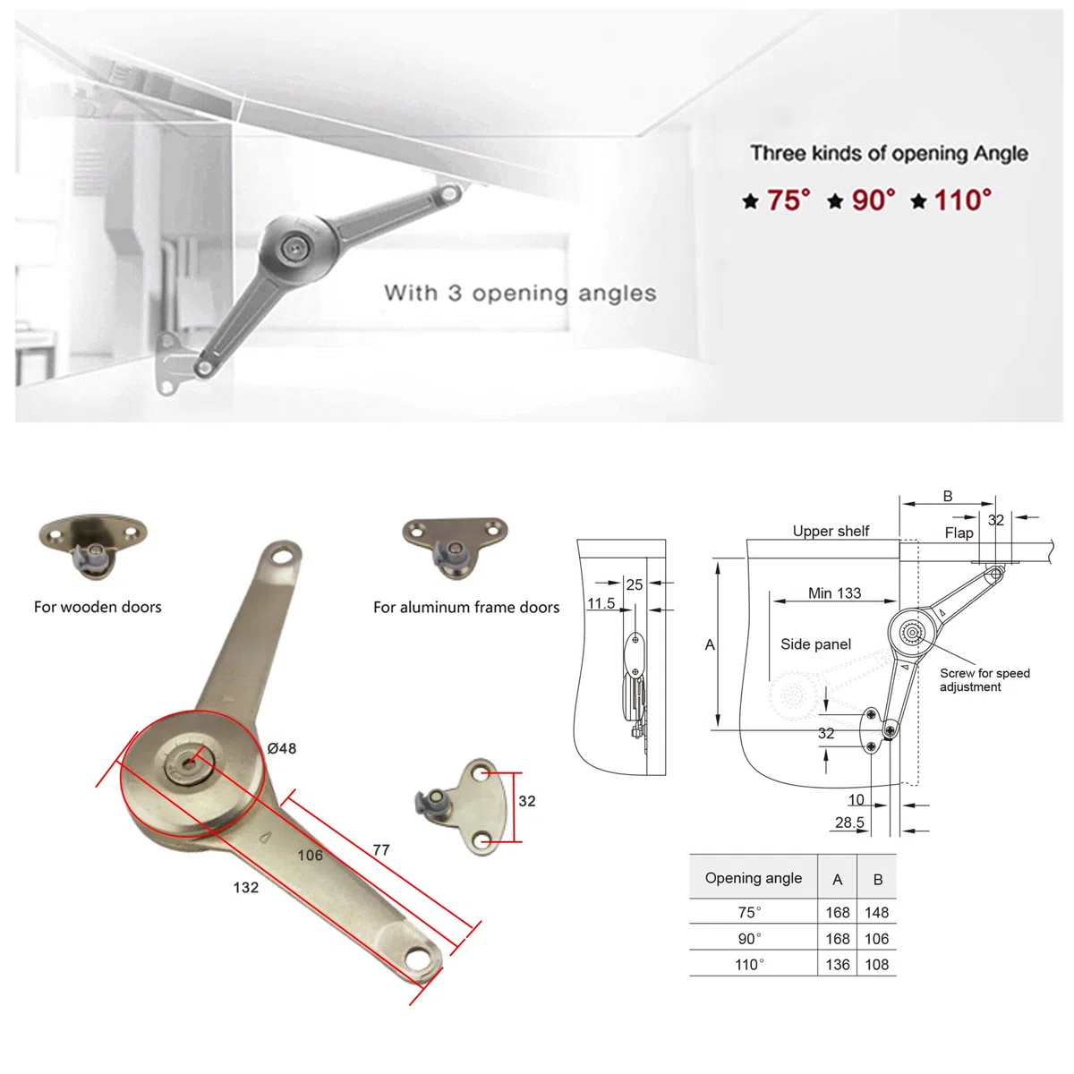 Duo Standard Versione Leggera Sistema di Supporto per Porta a Ribalta Staffe per Cerniere per Ante di Armadi in Legno Telai in Alluminio Fissaggio Armadio Cucina Ammortizzatore Argento 2 set