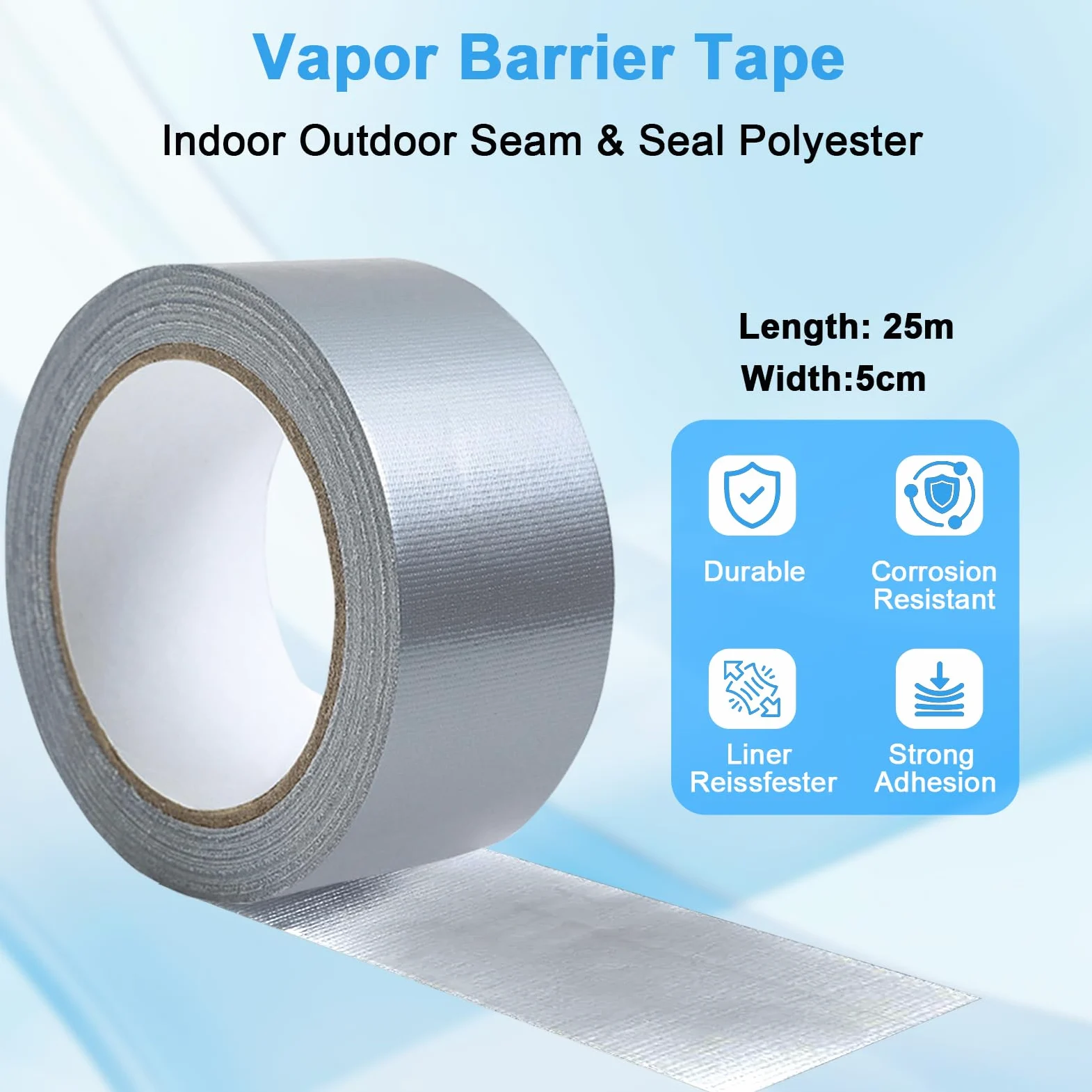 2 x Nastro Barriera al Vapore, 50mm x 20m Rulli di Nastro Argento, Nastro di Riparazione Rinforzato Resistente all'Acqua, Nastro Adesivo Flessibile per Film Barriere al Vapore e Membrane di Copertura