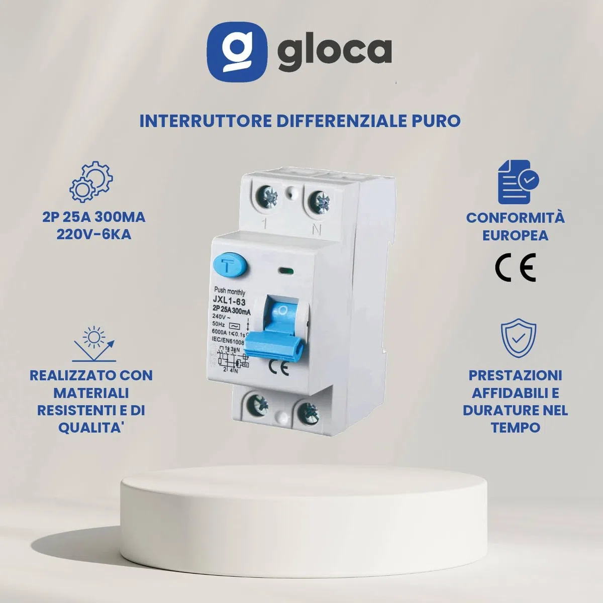 gloca Interruttore Differenziale Puro Salvavita 2P 300mA 220V-6KA 2 Moduli DIN (25 Ampere)