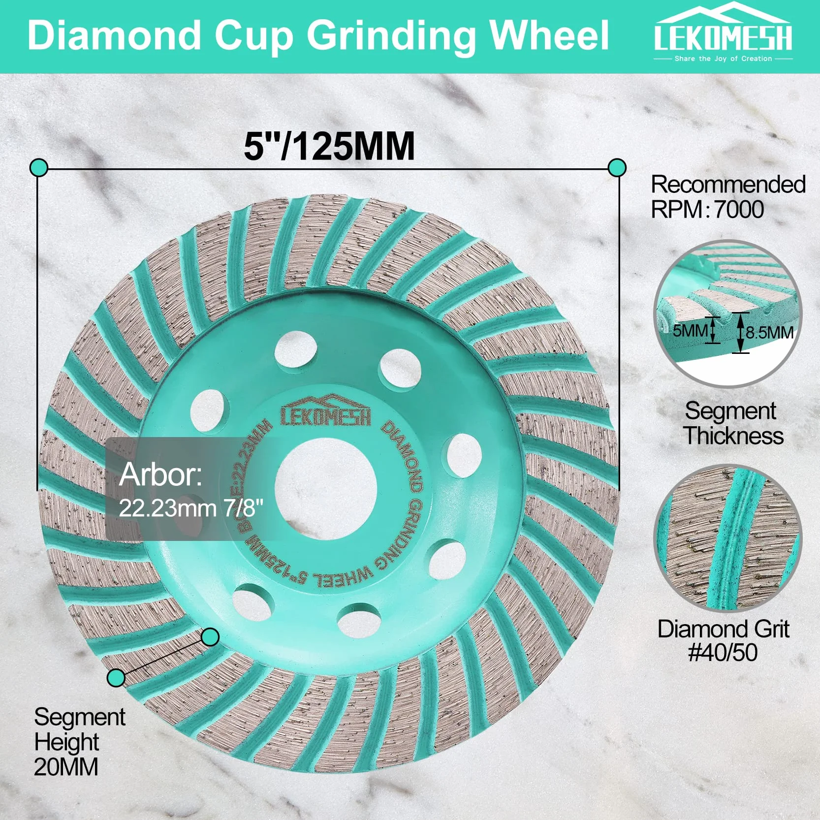 Mola a Tazza Diamantata - 125mm Disco Diamantato per Granito Marmo Muratura,Disco Smerigliatura Turbo per Calcestruzzo LEKOMESH