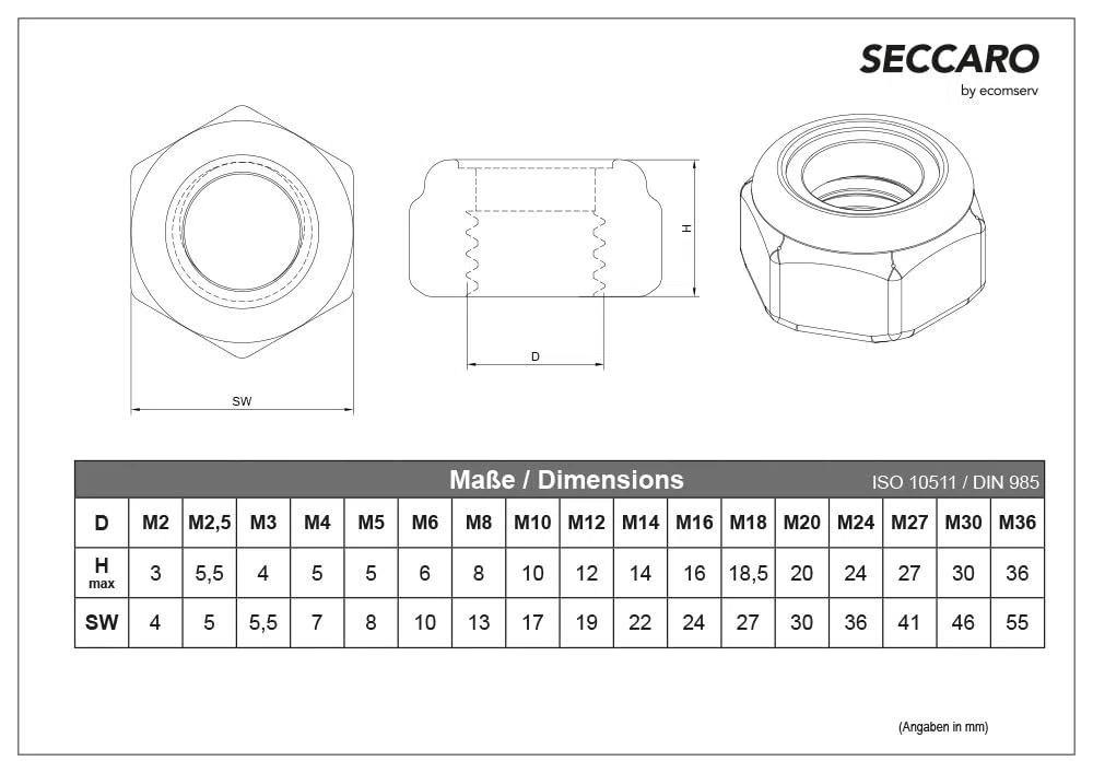 Dado di bloccaggio SECCARO M18, acciaio inox V2A VA A2, DIN 985/ISO 10511, esagono, 20 pezzi