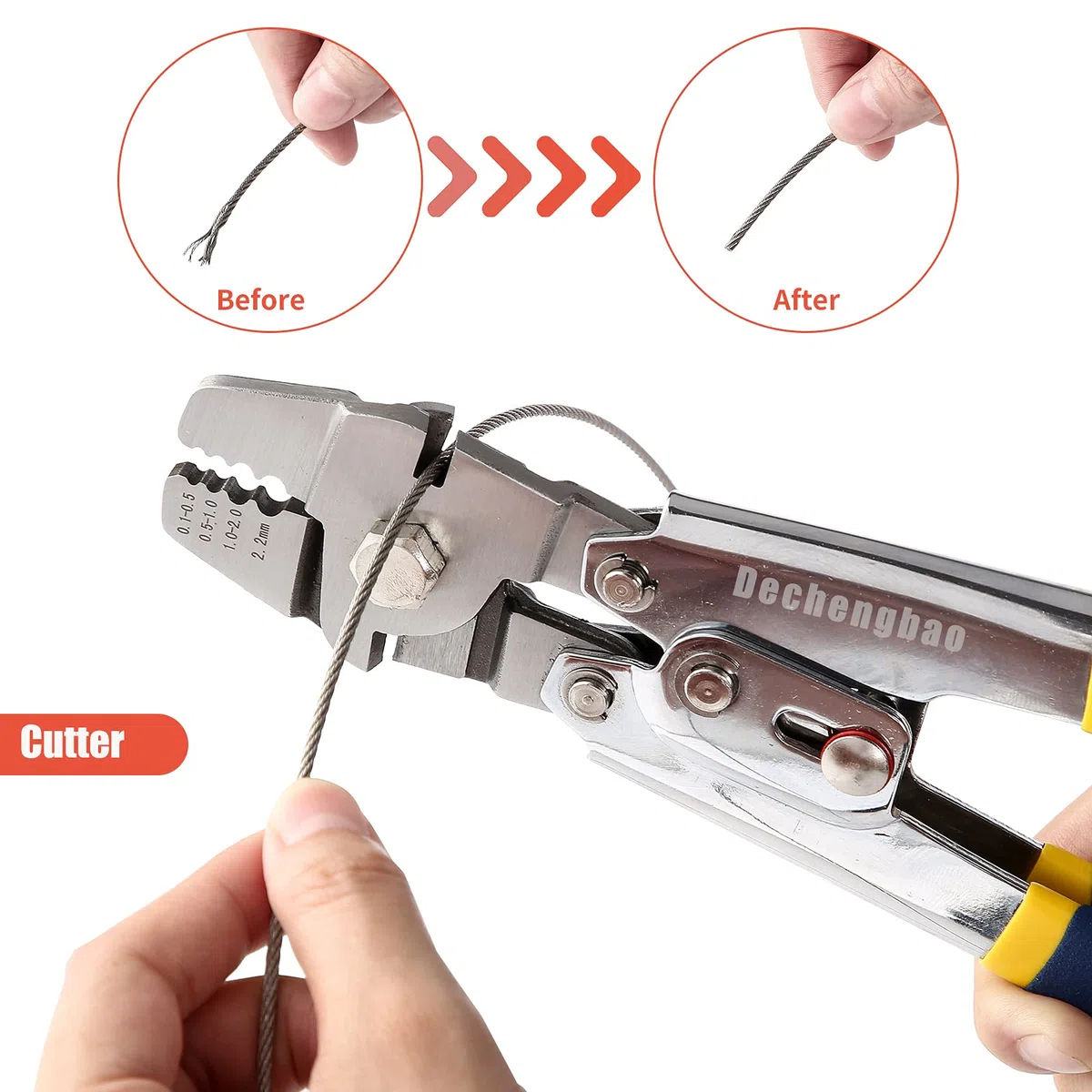Pinza per crimpare lenze da pesca fino a 2,2 mm, in acciaio inox resistente