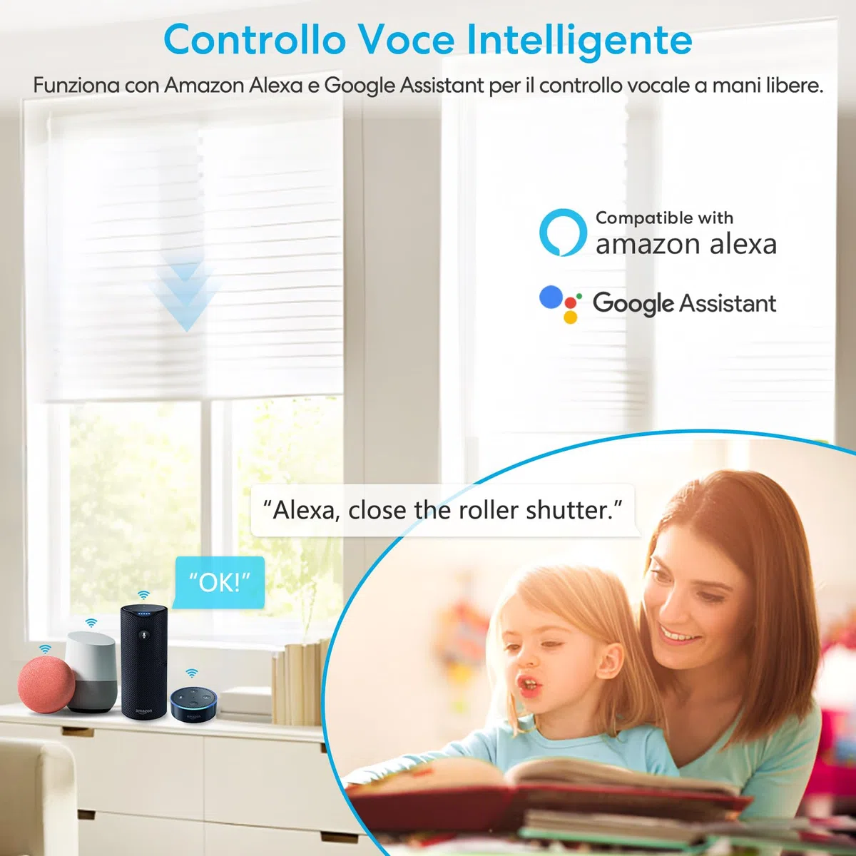 LoraTap Interruttore Tapparelle WiFi con Telecomando RF, Interruttore Tattile per Tapparelle Elettriche, Controllo Vocale con Alexa e Google Home, Controllo App Smart Life, Timer Switch 600W, Bianco