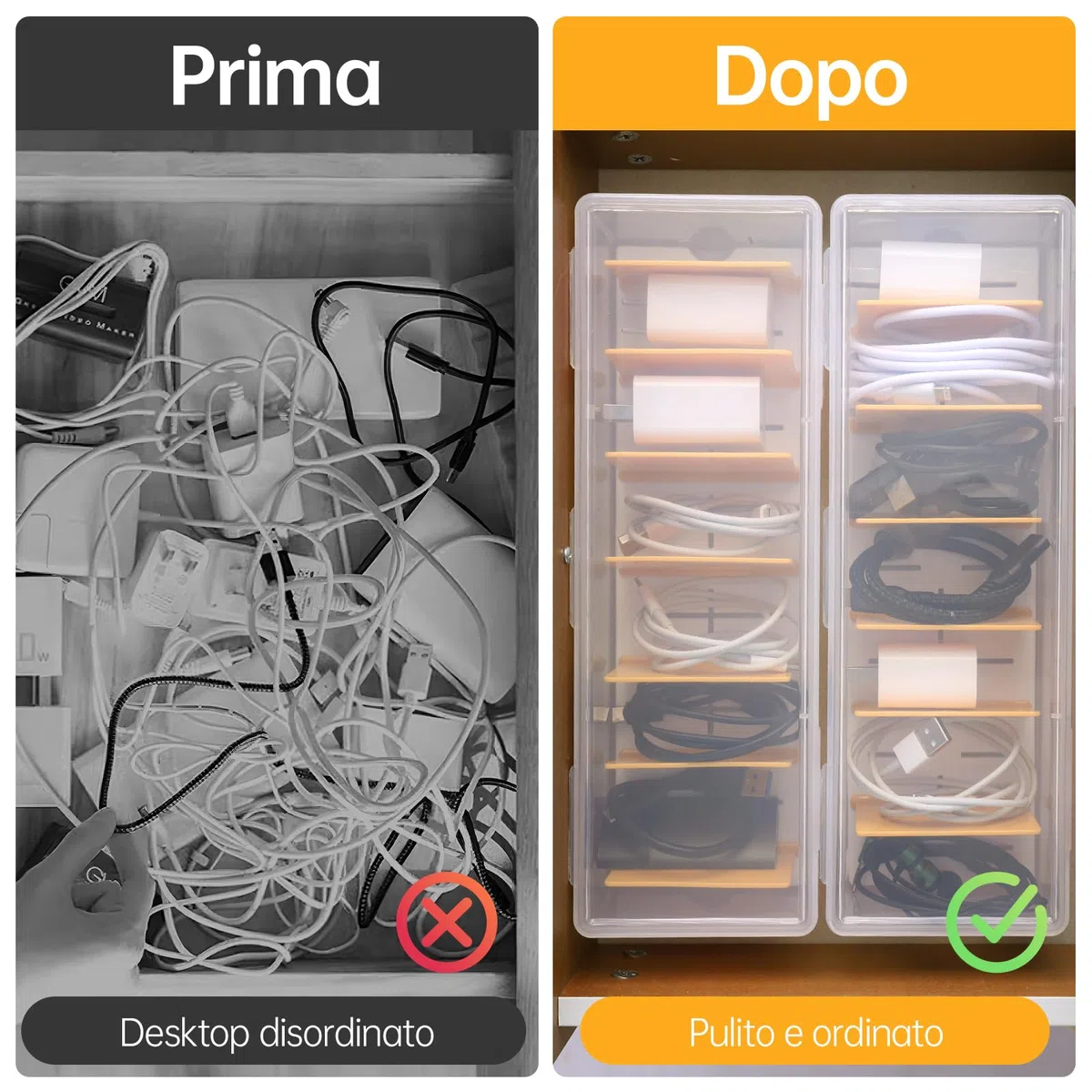 PAVSTINE Scatola Porta Cavi, 2 Pezzi Organizer Cavi Plastica Trasparente, Organizzatore Sono Presenti 7 Divisori Rimovibili, Personalizzabile Organizer