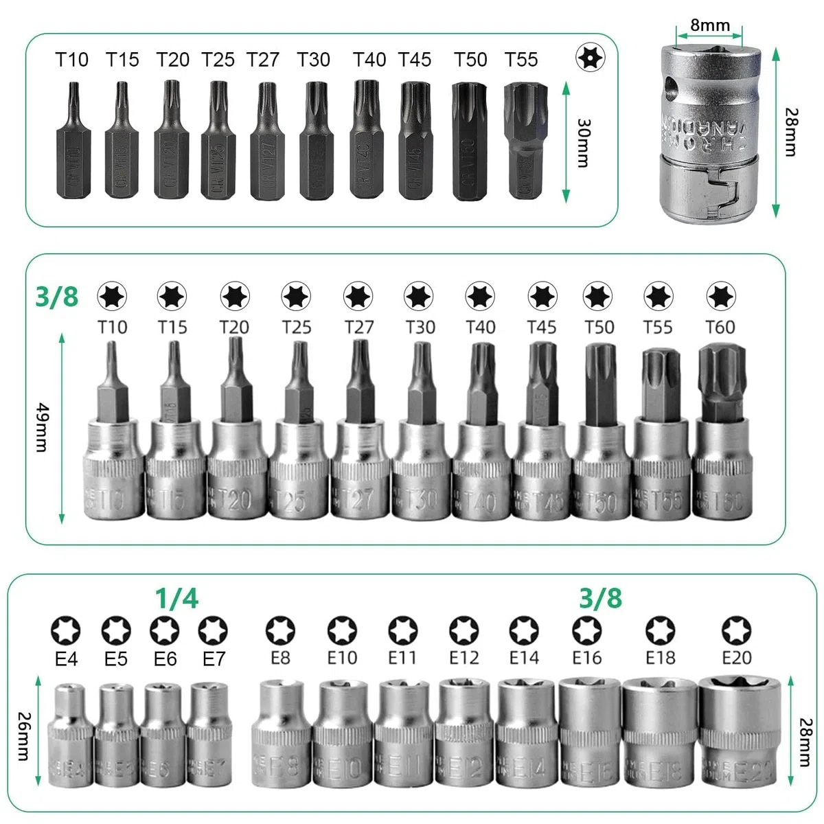 Set da 34 pezzi di Chiavi a Bussola con Cricchetto, Bussole Torx Femmina Robuste con Cricchetto, Inclusi Inserti Torx per Chiavi Multifunzionali