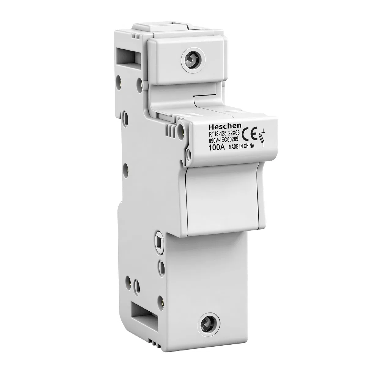 Heschen Supporto per fusibili cilindrici Base, RT18-125(RO17), 100A AC690V, 1 Polo, Montaggio su guida DIN 35mm, per RT18 RO17 22 x 58mm fusibile, Certificato CE