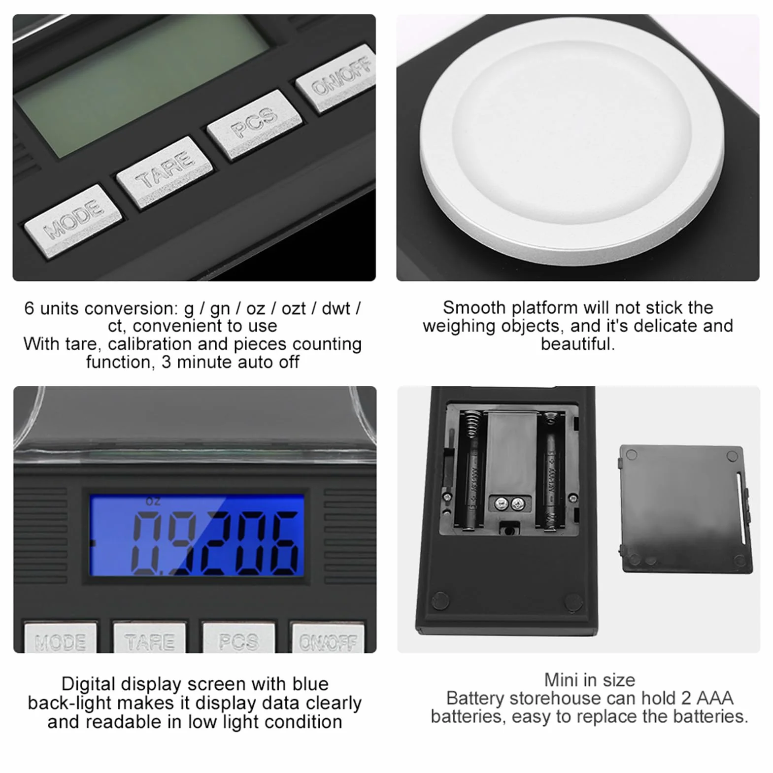 Bilancia di Precisione, 10G 20G 50G 100G 0.001G Conversione di Precisione di 6 Unità Bilancia Bilancia Digitale in Milligrammi per Gioielli con Schermo Digitale Retroilluminato Blu (10 g)
