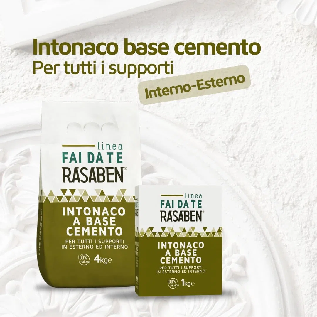 RASABEN - Intonaco a Base di Cemento per Ripristino di Intonaci, Finiture e Riparazioni, Ottima Elasticità e Lavorabilità, Resistente al Gelo, Uso Interno ed Esterno, Made in Italy, Sacco da 4kg