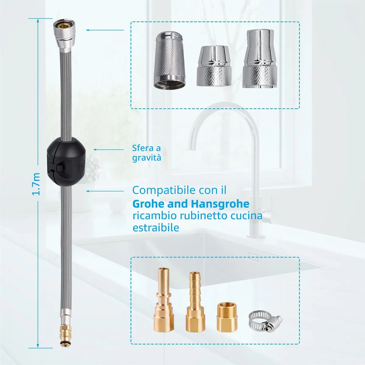 Hibbent Tubo di Ricambio per Rubinetto Estraibile Compatibile con Rubinetti da Cucina Hansgrohe/Grohe con 6 Adattatori, Modello Standard 88624000/46174000/46092000, Tubo di Ricambio da 150 cm, con