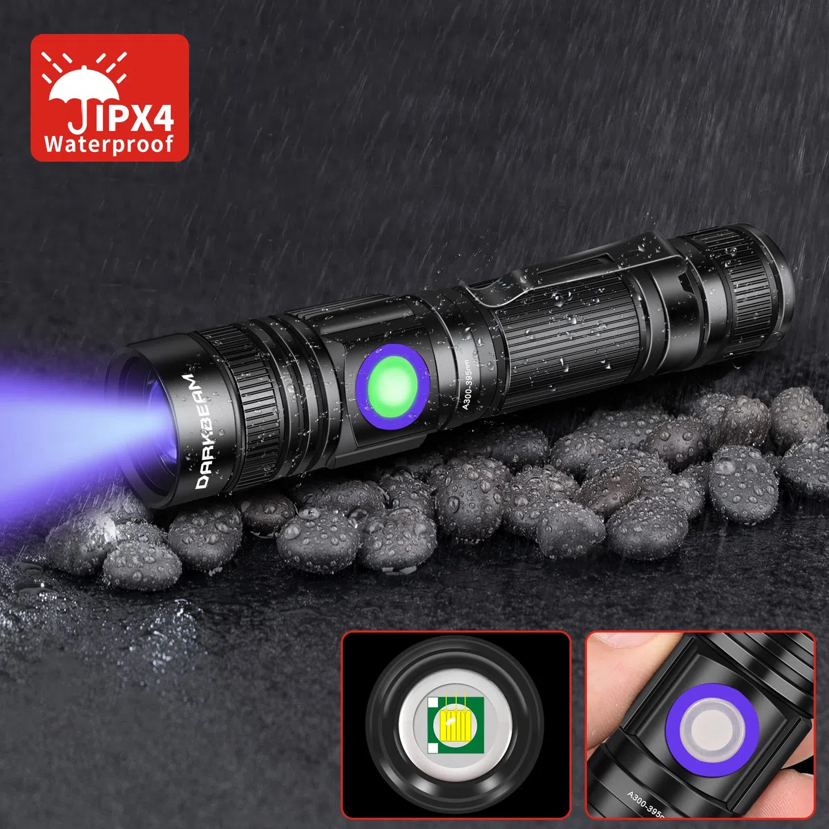 DARKBEAM Torcia UV 395nm Ricaricabile, Lampada di Wood Luce uv LED Ultravioletta Mini Portatile USB - per resina epossidica, urina, quadri, ambra, rilevamento perdite AC - con Occhiali UV