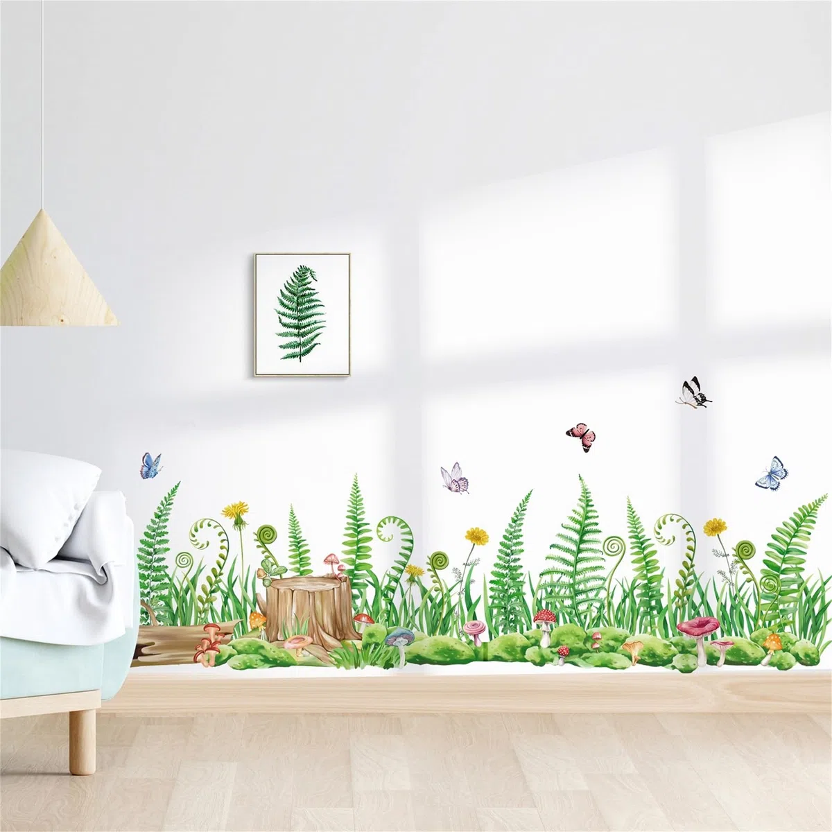 wondever Adesivi Murali Verde Erba Felce Sticker da Muro Pianta Verde Farfalle Baseboard Adesivi da Parete per Camera da Letto Soggiorno Corridoio
