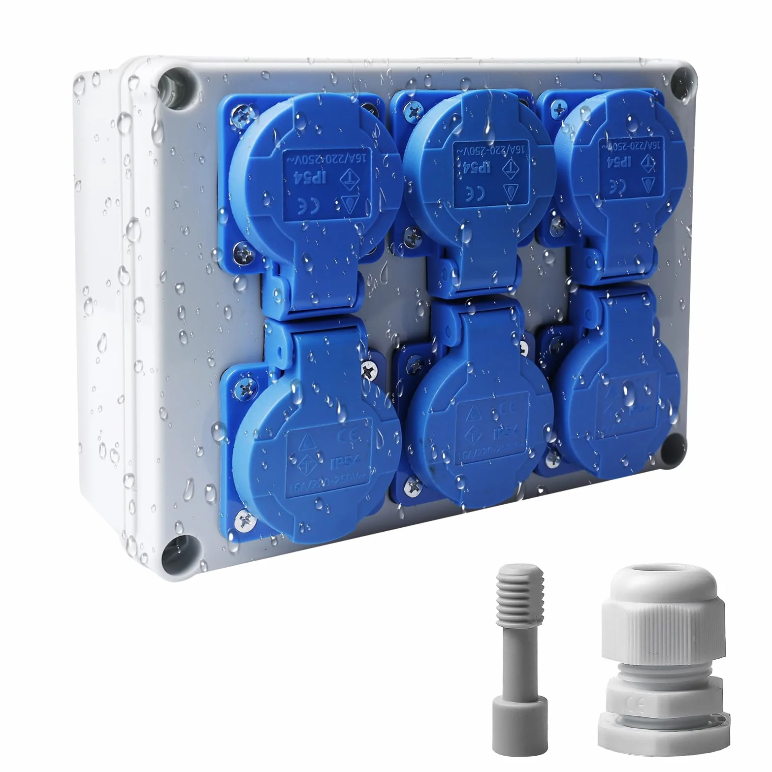 Distributore di corrente da parete, 6 x 230 V, 16 A, distributore di corrente da costruzione, IP44, per interni ed esterni