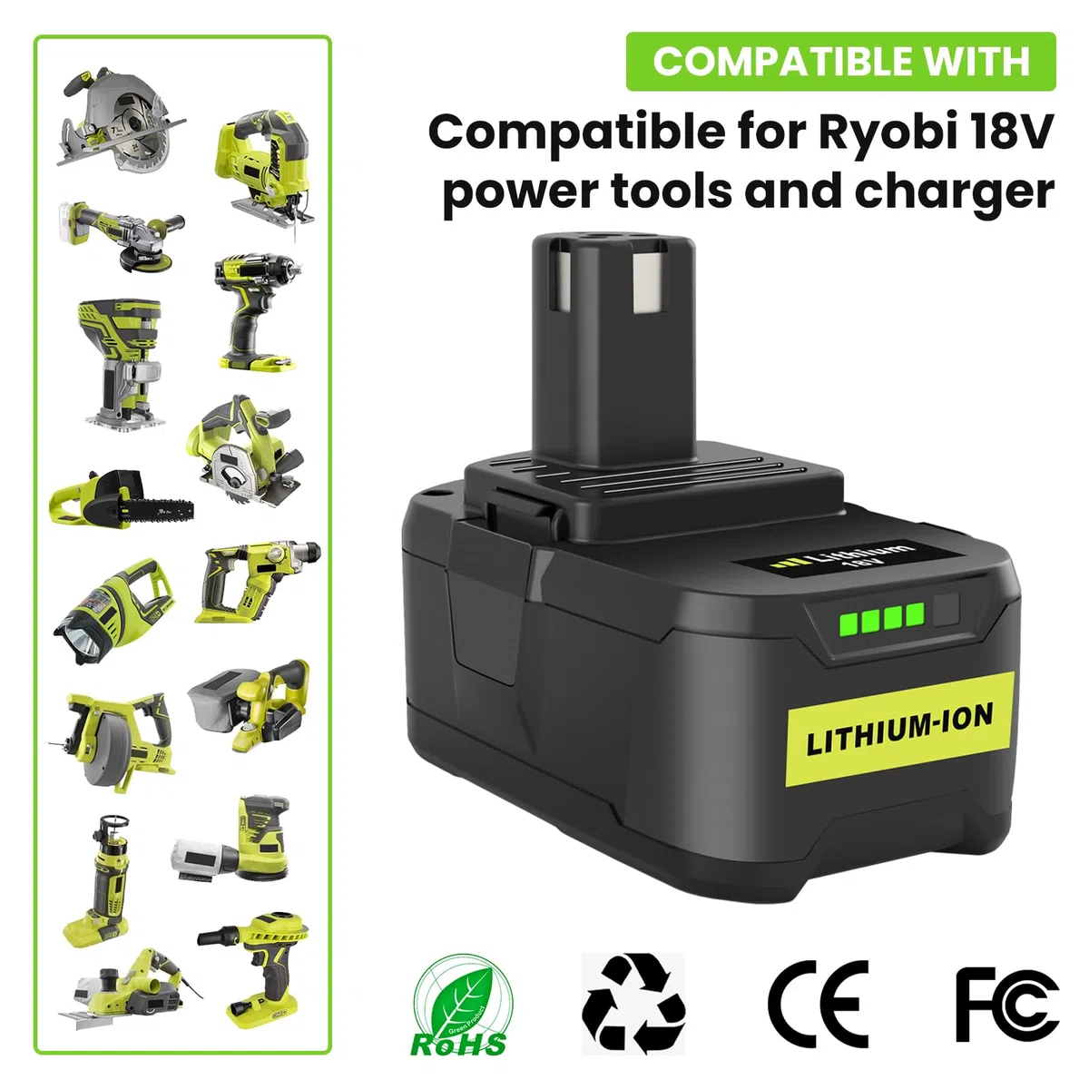 Batteria 18V 5,5Ah sostitutiva batteria per Ryobi 18V P108 Compatibile per Ryobi RB18L50 RB18L40 RB18L25 BPL-1815 BPL-1820G BPL18151 BPL1820 P104 P105 P107 (grigio)