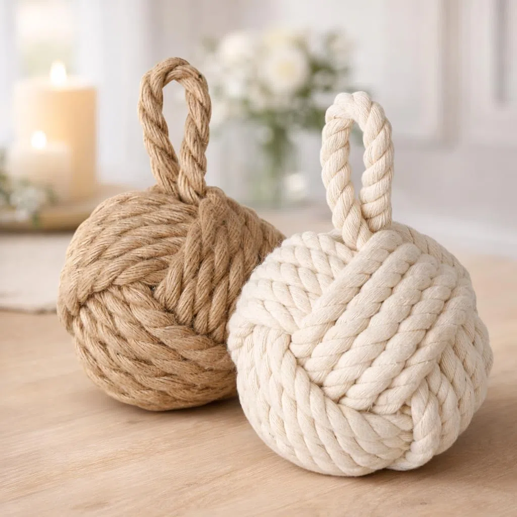 Set di 2 fermaporta decorativi in iuta naturale e bianco crema, fermaporta per porta, fermaporta a forma di nodo naturale, sfera con passante, circa 1,5 kg