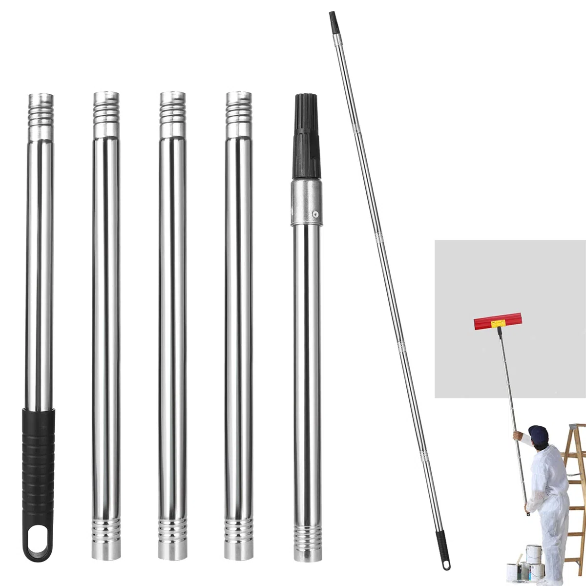 Asta di prolunga telescopica in acciaio inox, 5 pezzi, con adattatore conico, per strumenti di pulizia, 40 cm – 180 cm