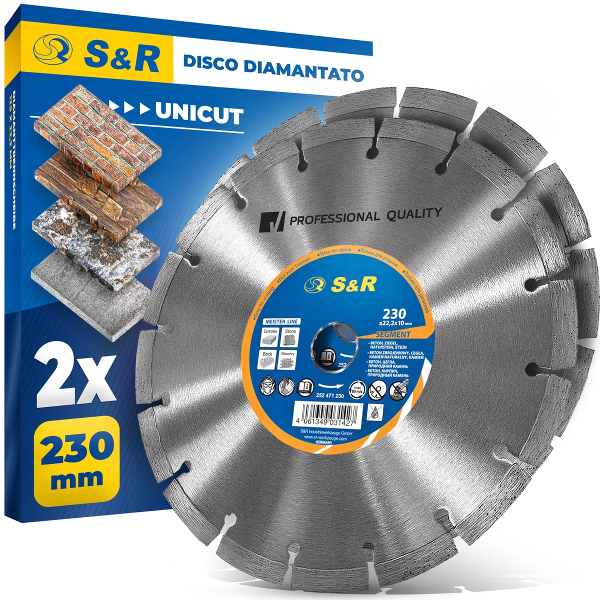S&R 2 Dischi Diamantati Smerigliatrice 230 x 22,2 mm Standard Universale. Set di 2 Dischi per Cemento Calcestruzzo Pietra, Mattoni Terracotta Saldato al laser. Taglio a secco (230 x 22,2 mm)