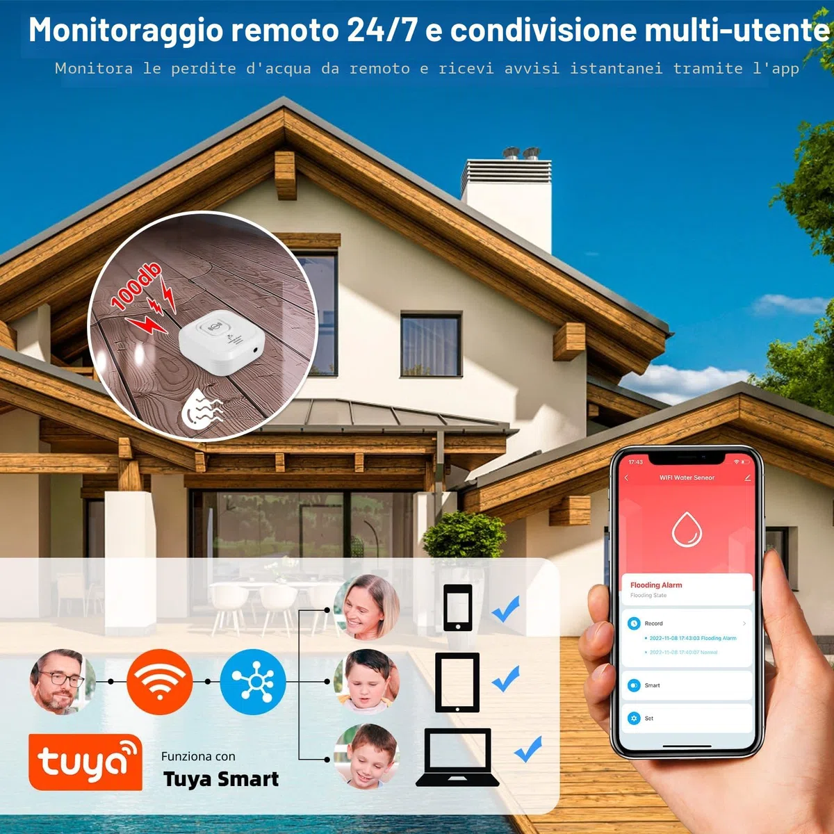 Sensore Livello Acqua WIFI, Rilevatore Perdite Acqua Tubi con Cavo Sonda Esteso e Staccabile da 105 cm, Rilevatori di Acquada 100 dB con App Tuya, 3 Tipi di Rilevamento per Casa, Cucina, Bagno (2,4G)