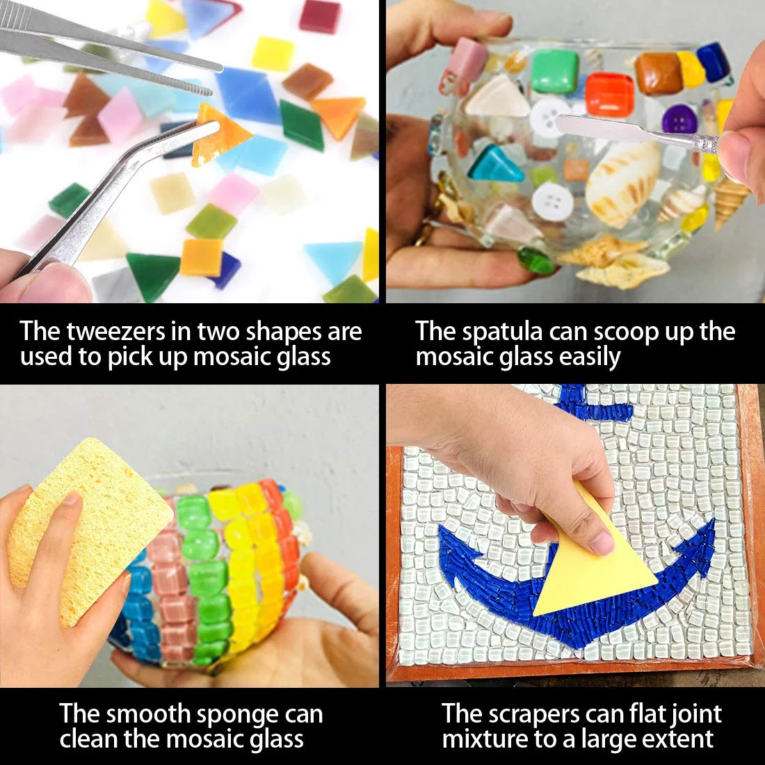 Keadic, set di 9 utensili per mosaico, tra cui raschietti, pinzette, doppio gancio, spatola, spugna, tronchesine per piastrelle in vetro e pinze con punte in carburo