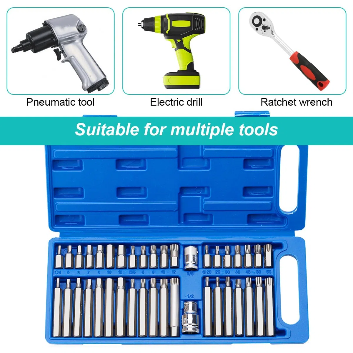 40 Pezzi Cacciavite Torx Bussola Kit, Include Punta Capo di Prugna, Esagonali e Spline, Bussole per Avvitatore con Unità da 1/2 3/8 Pollici, Set Cacciaviti Torx, per Officina e Fabbrica