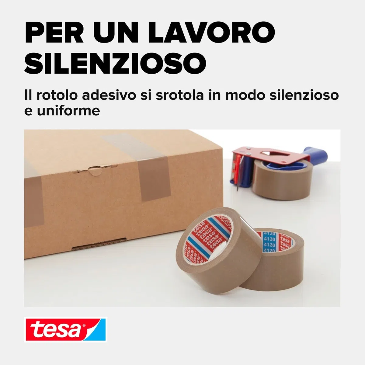 Tesa Confezione Strong e dispenser manuale in set con 1 rotolo di nastro adesivo silenzioso per pacchetti, marrone, 66 m x 50 mm