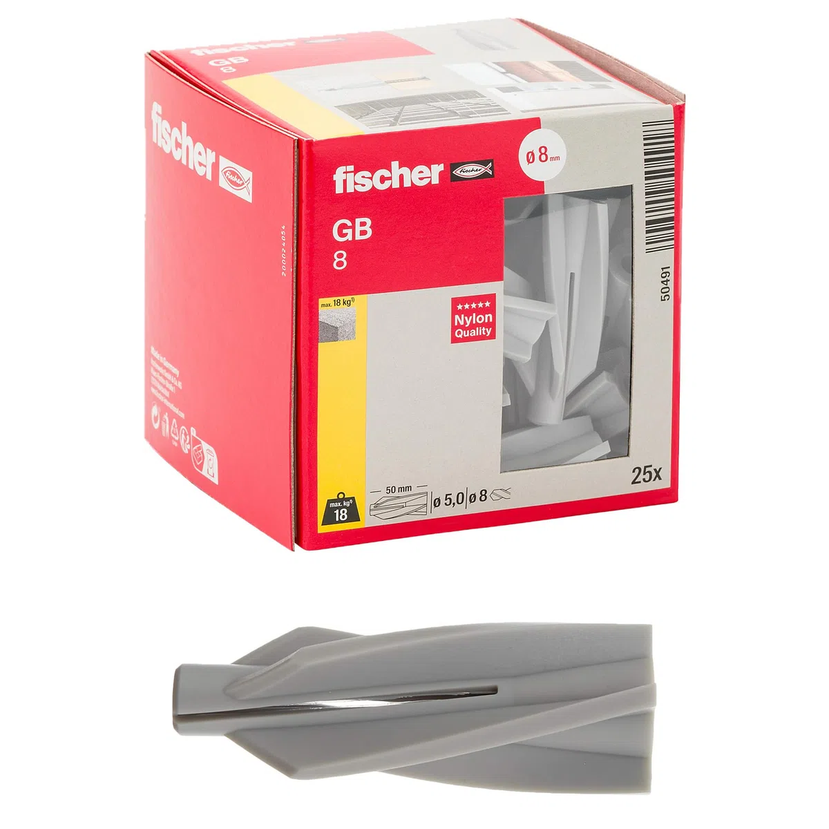 Fischer Tasselli GB 8 per Calcestruzzo Cellulare e Gasbeton, Diametro Foro 8 mm, 25 pezzi, 50491